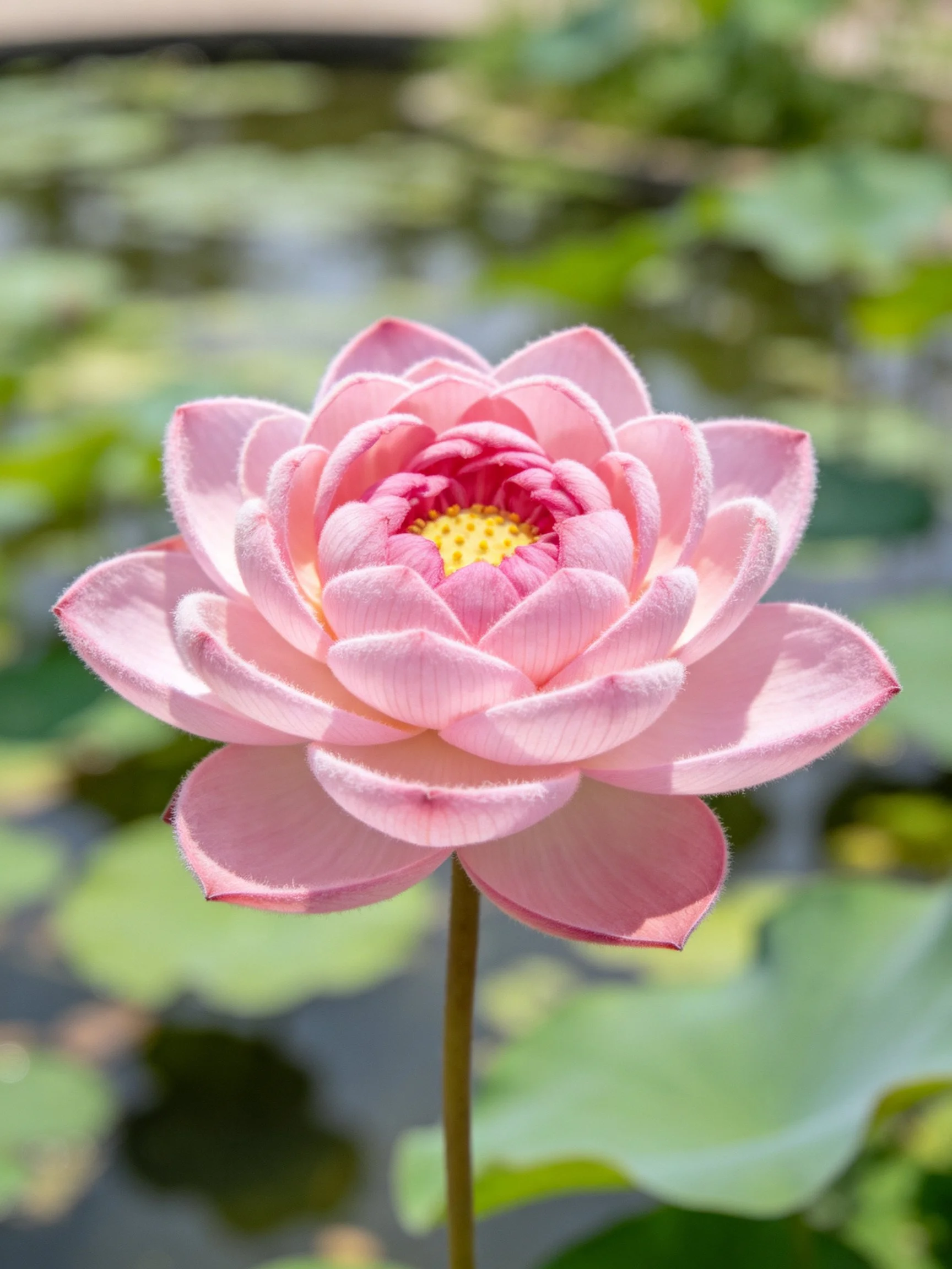 A vibrant pink lotus flower surrounded by green lily pads