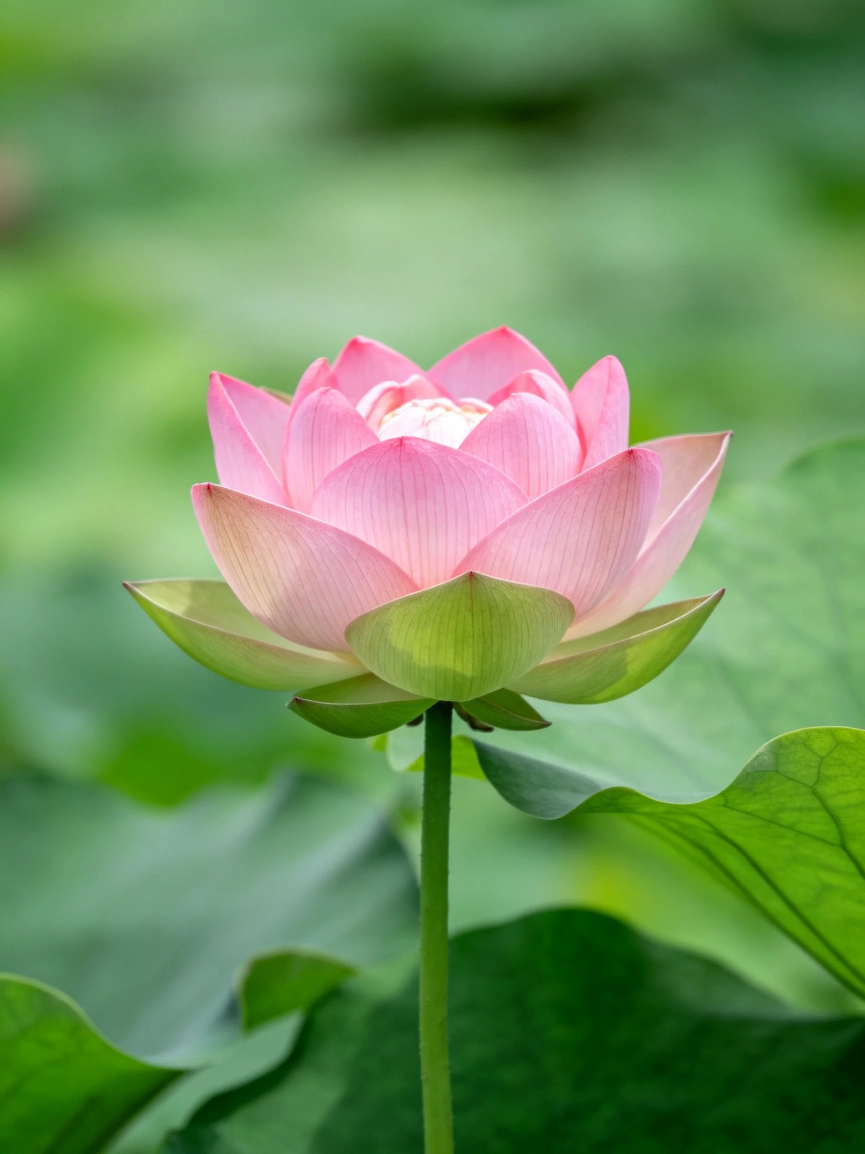 A vibrant pink lotus flower surrounded by large green leaves