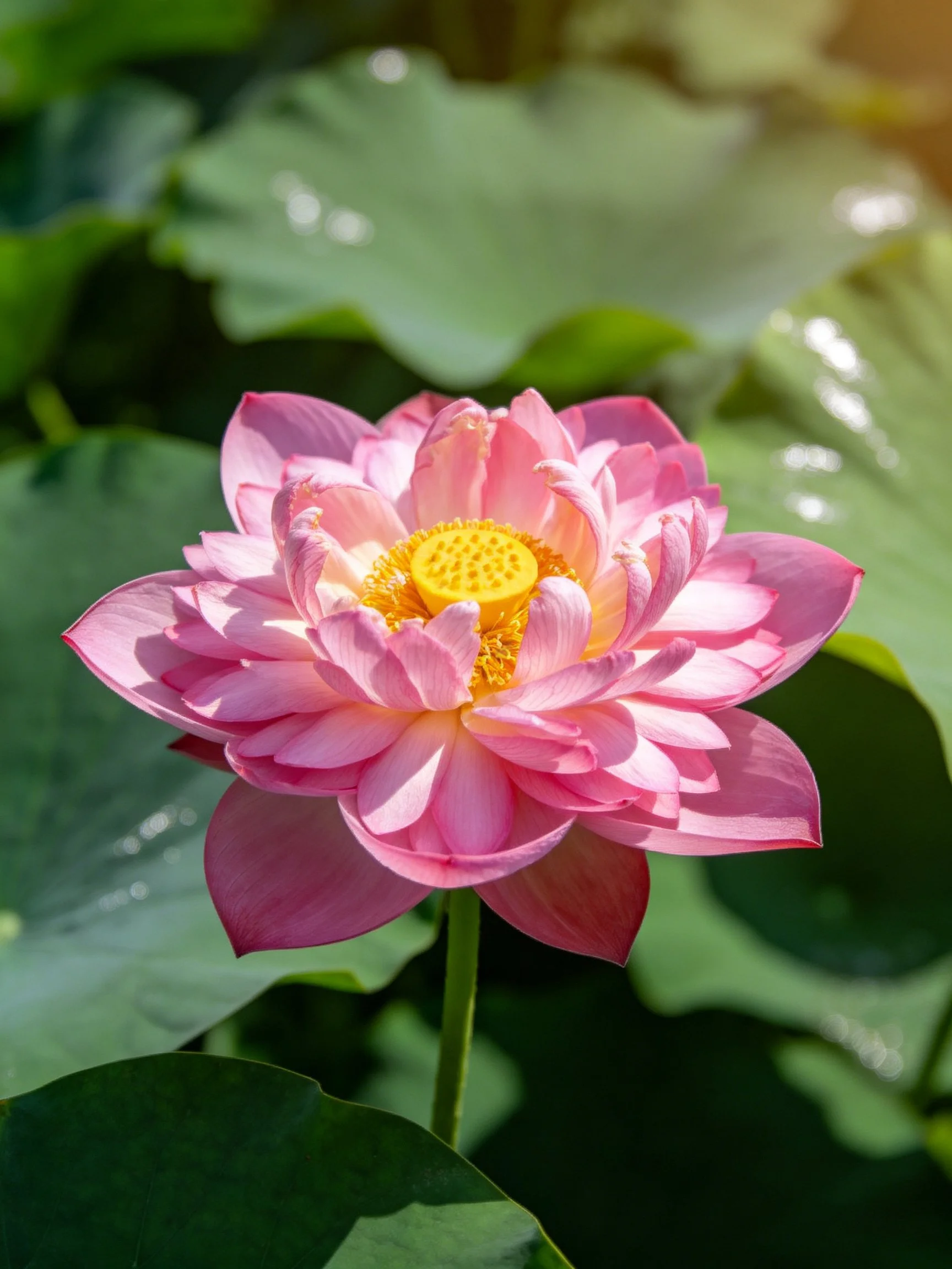 A vibrant pink lotus flower surrounded by large green leaves