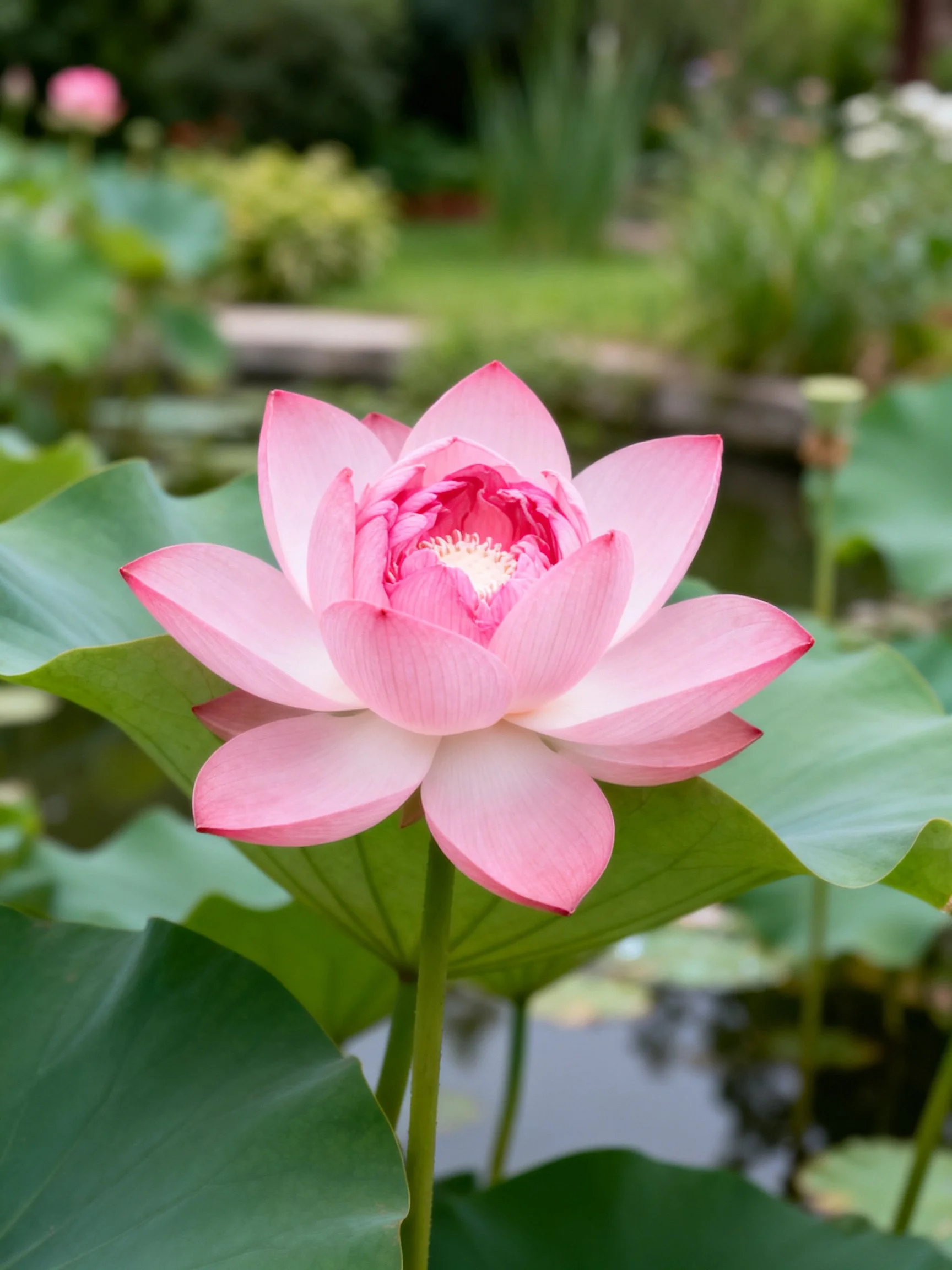 A vibrant pink lotus flower surrounded by large green leaves near water