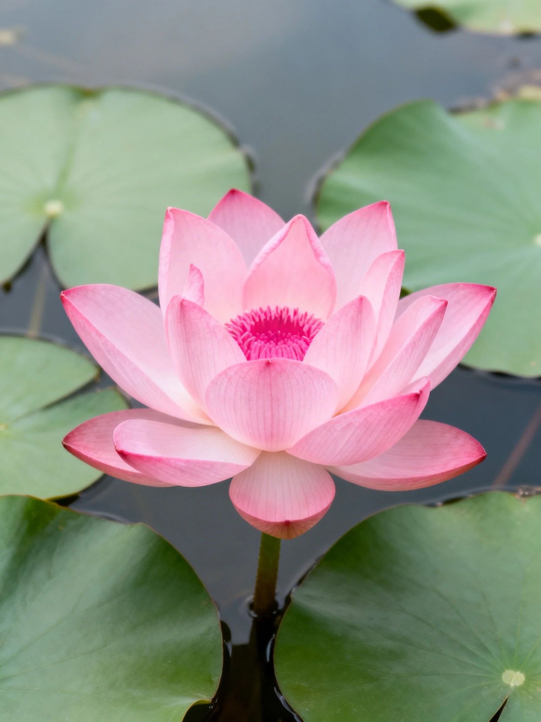A vibrant pink lotus flower surrounded by large green lily pads