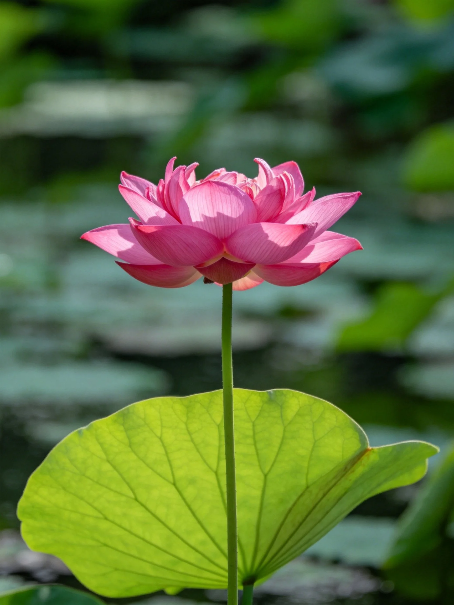A vibrant pink lotus flower with a large green leaf