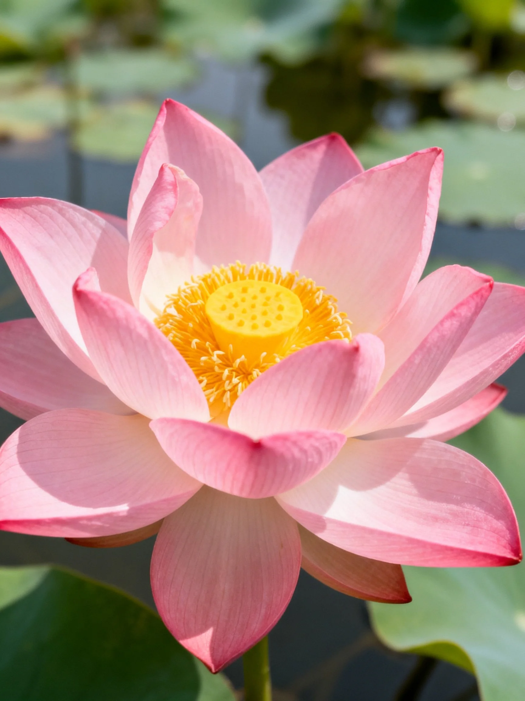 A vibrant pink lotus flower with bright yellow center