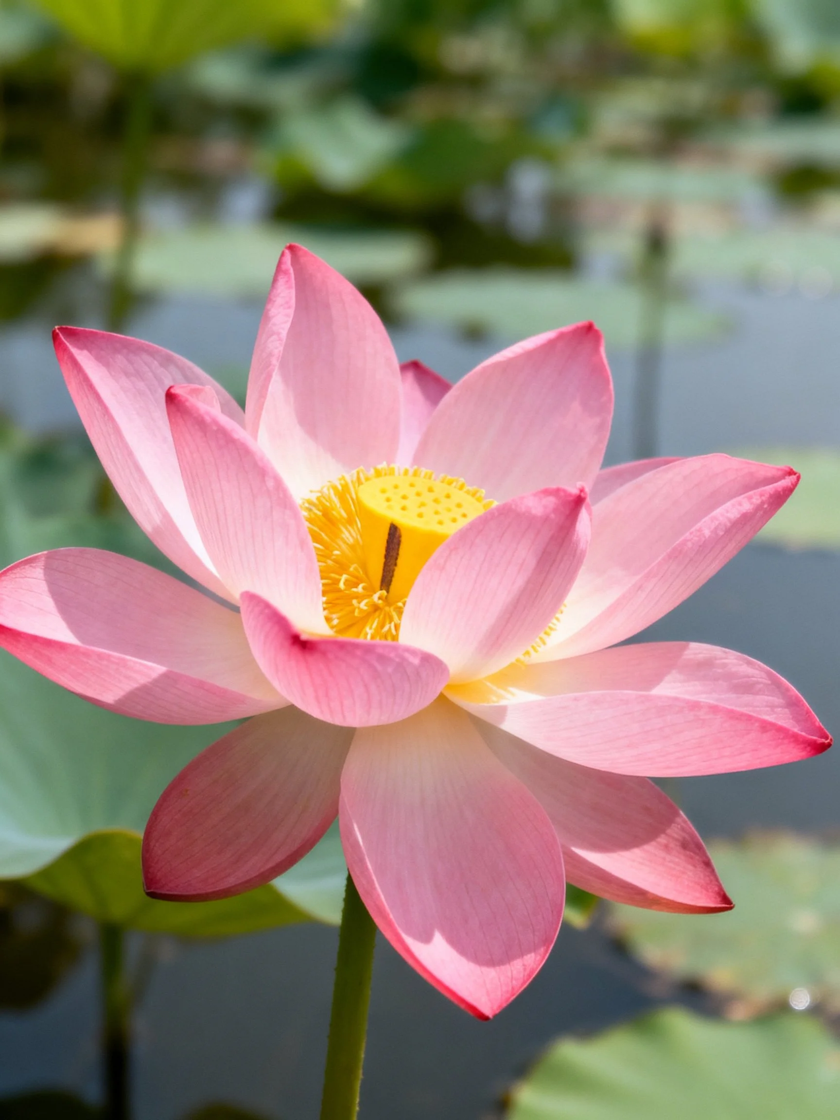 A vibrant pink lotus flower with bright yellow center near water lilies