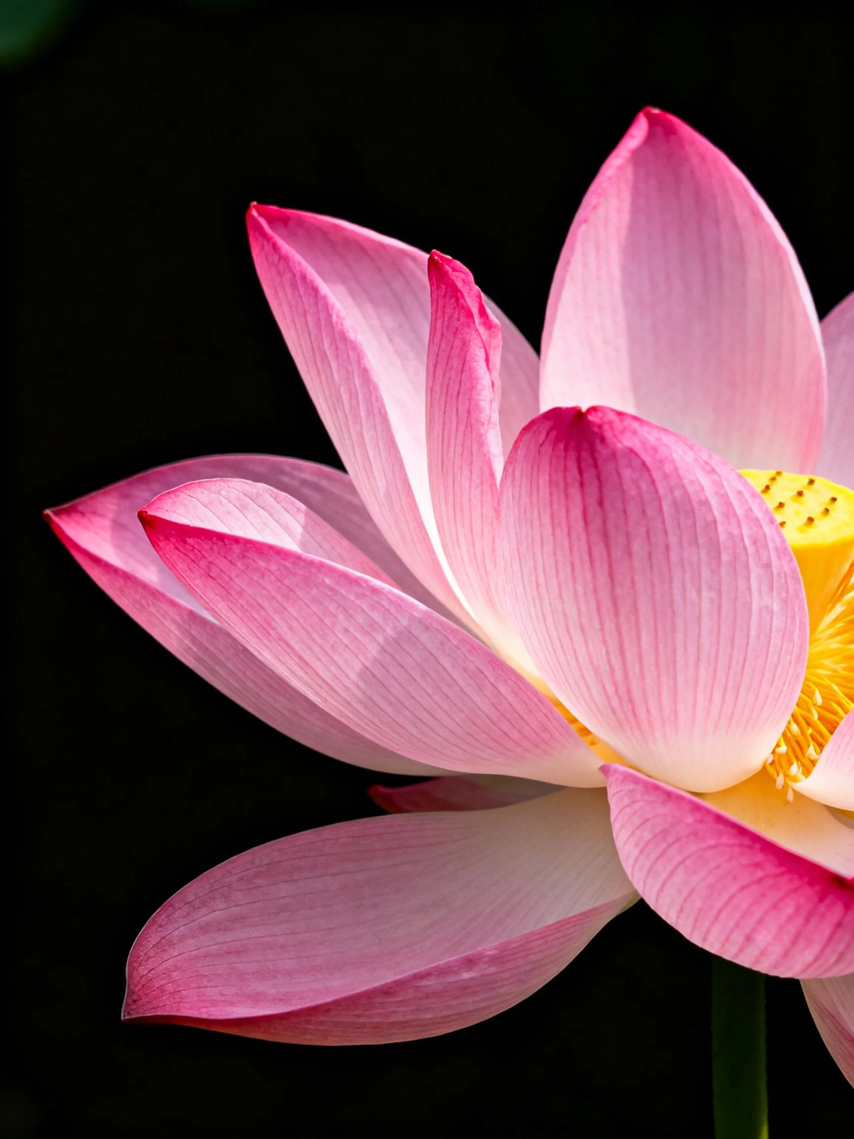 A close - up view of a pink lotus flower with a bright yellow center against a dark background.
