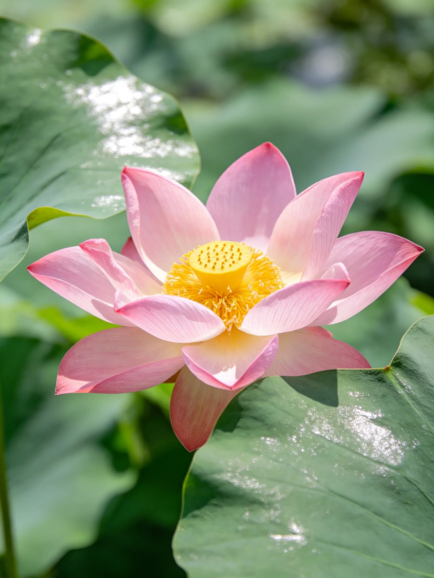 A vibrant pink lotus flower with golden center amid large green leaves