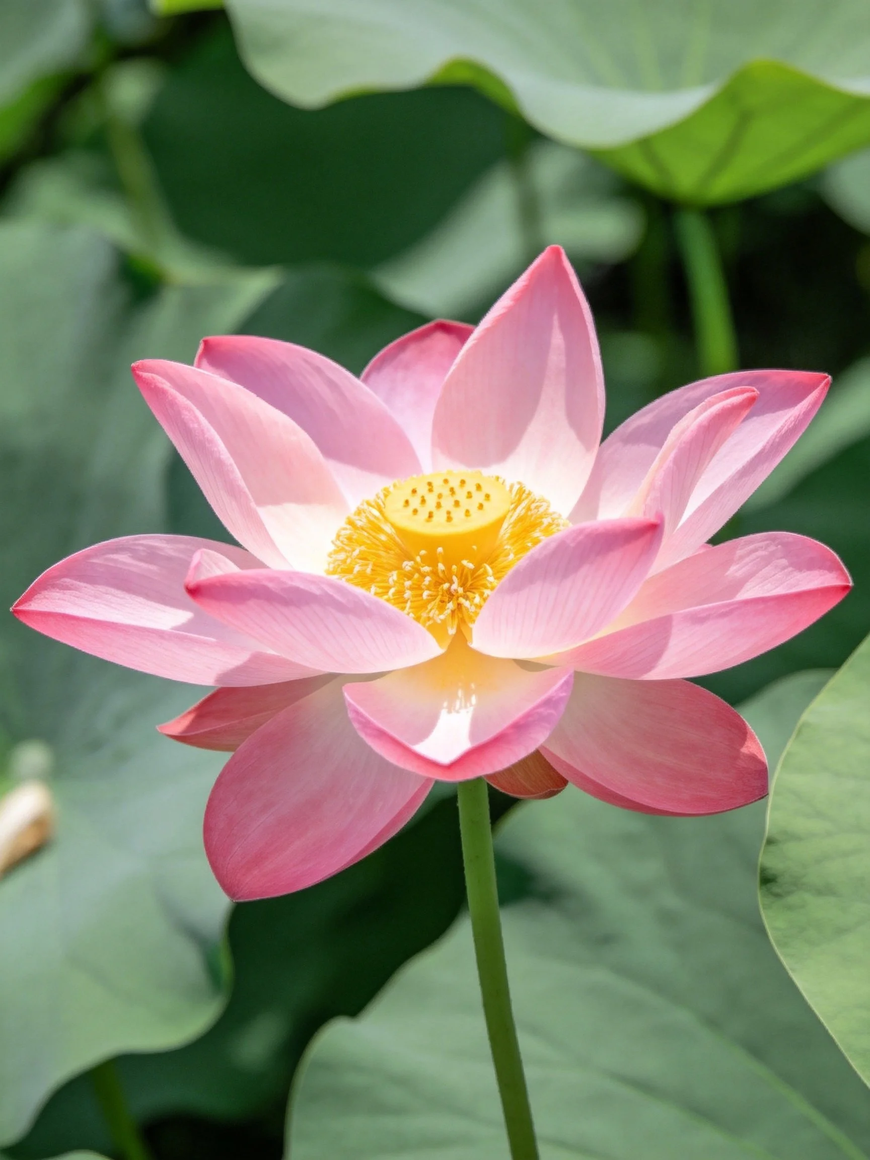 A vibrant pink lotus flower with golden center amid large green leaves