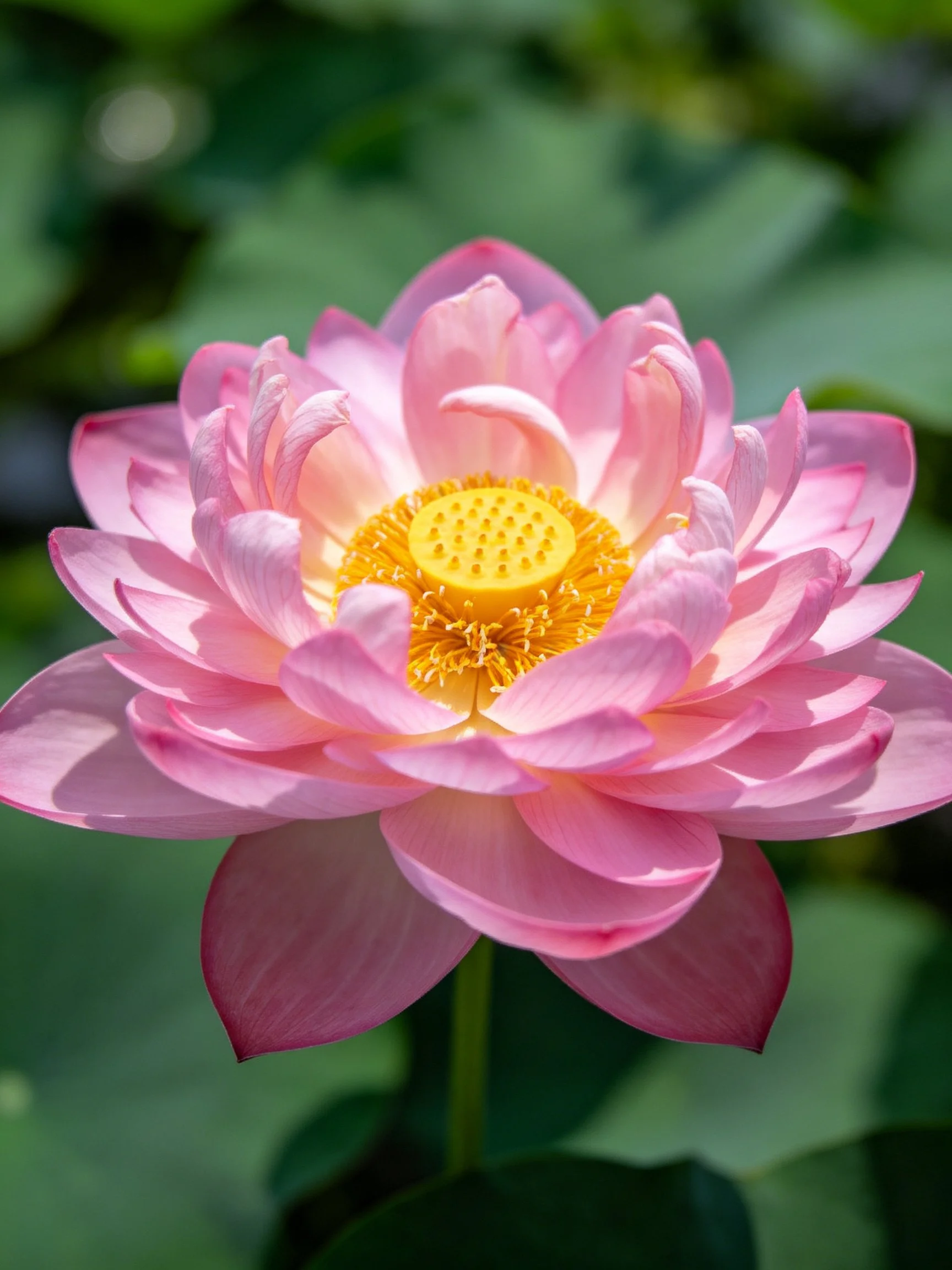 A vibrant pink lotus flower with golden center details