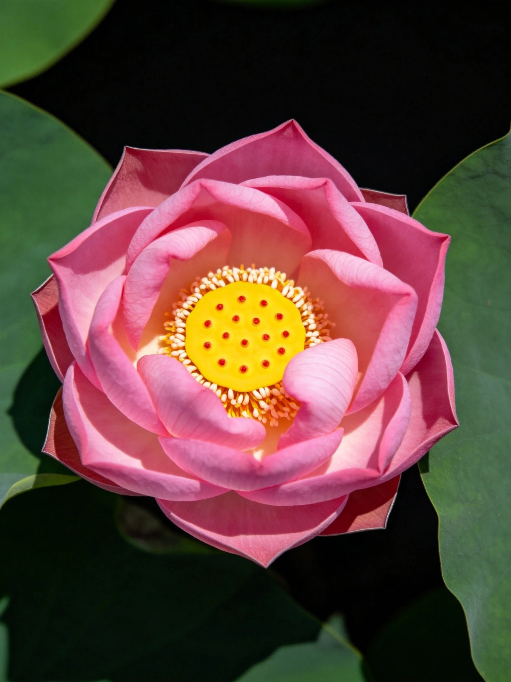 A vibrant pink lotus flower with green leaves and yellow center
