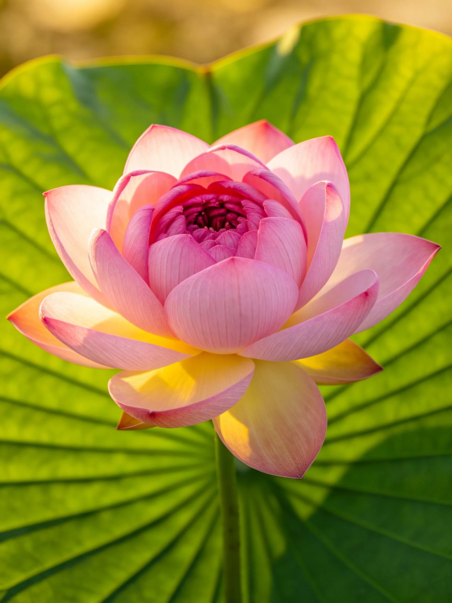 A vibrant pink lotus flower with large green lily pad