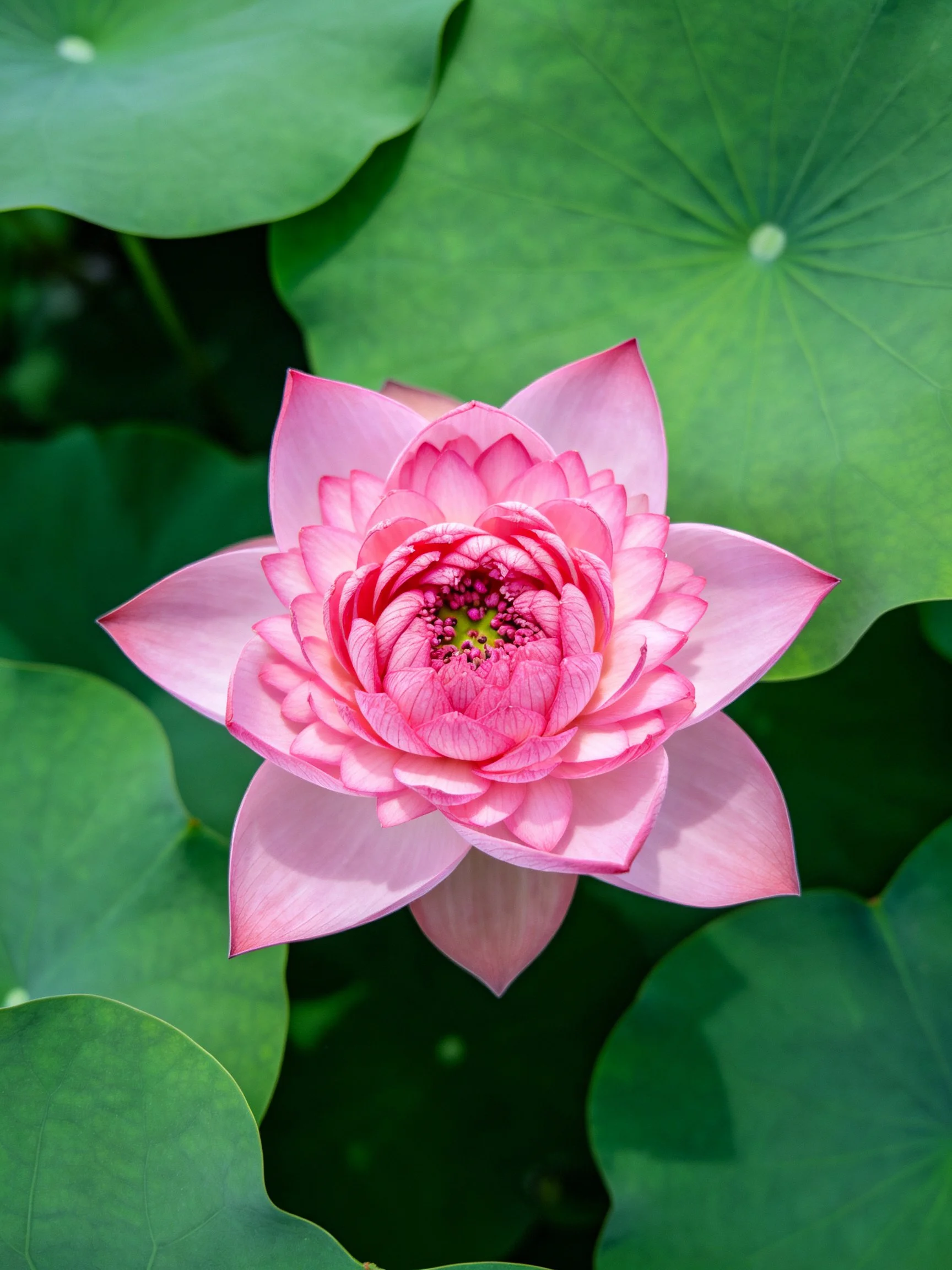 A vibrant pink lotus flower with large green lily pads