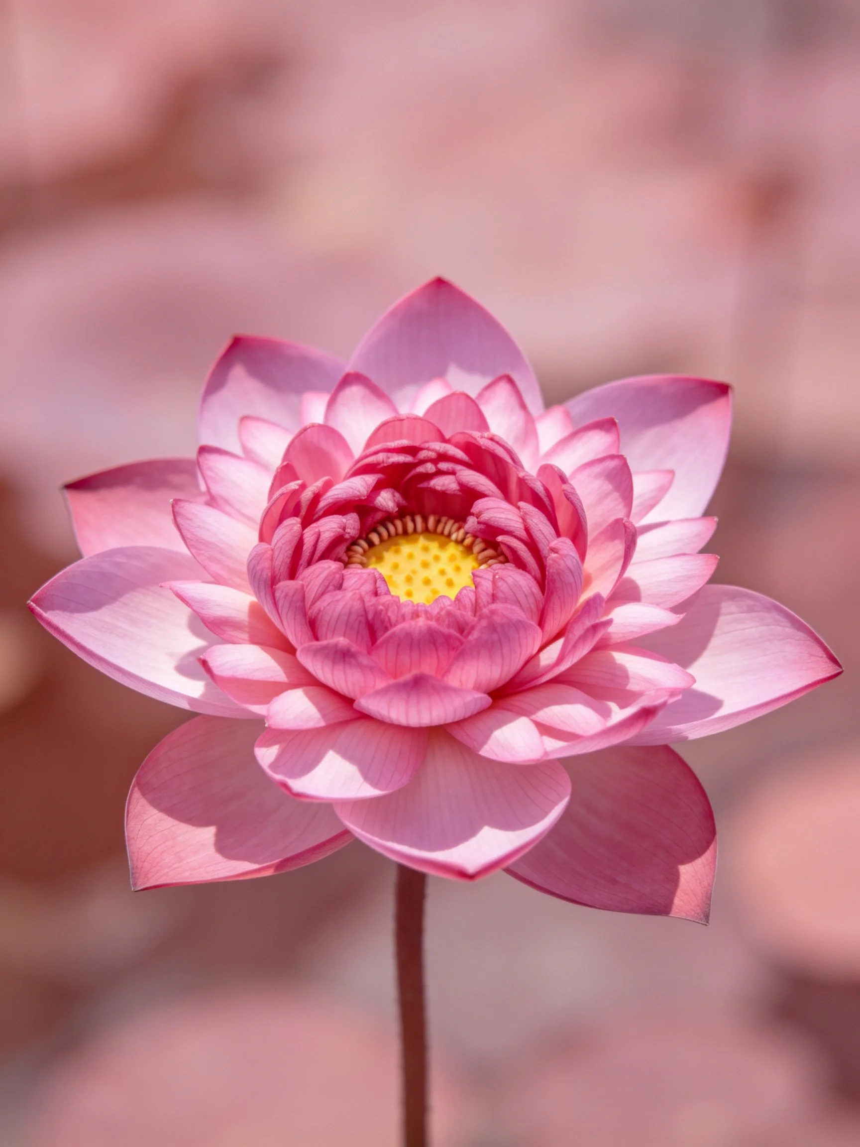 A vibrant pink lotus flower with layered petals and a bright yellow center