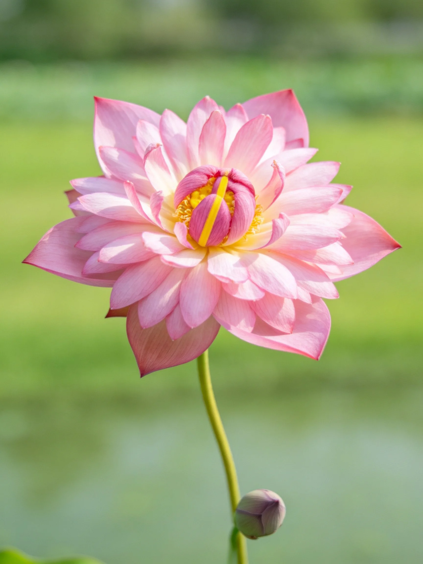A vibrant pink lotus flower with layered petals and a closed bud