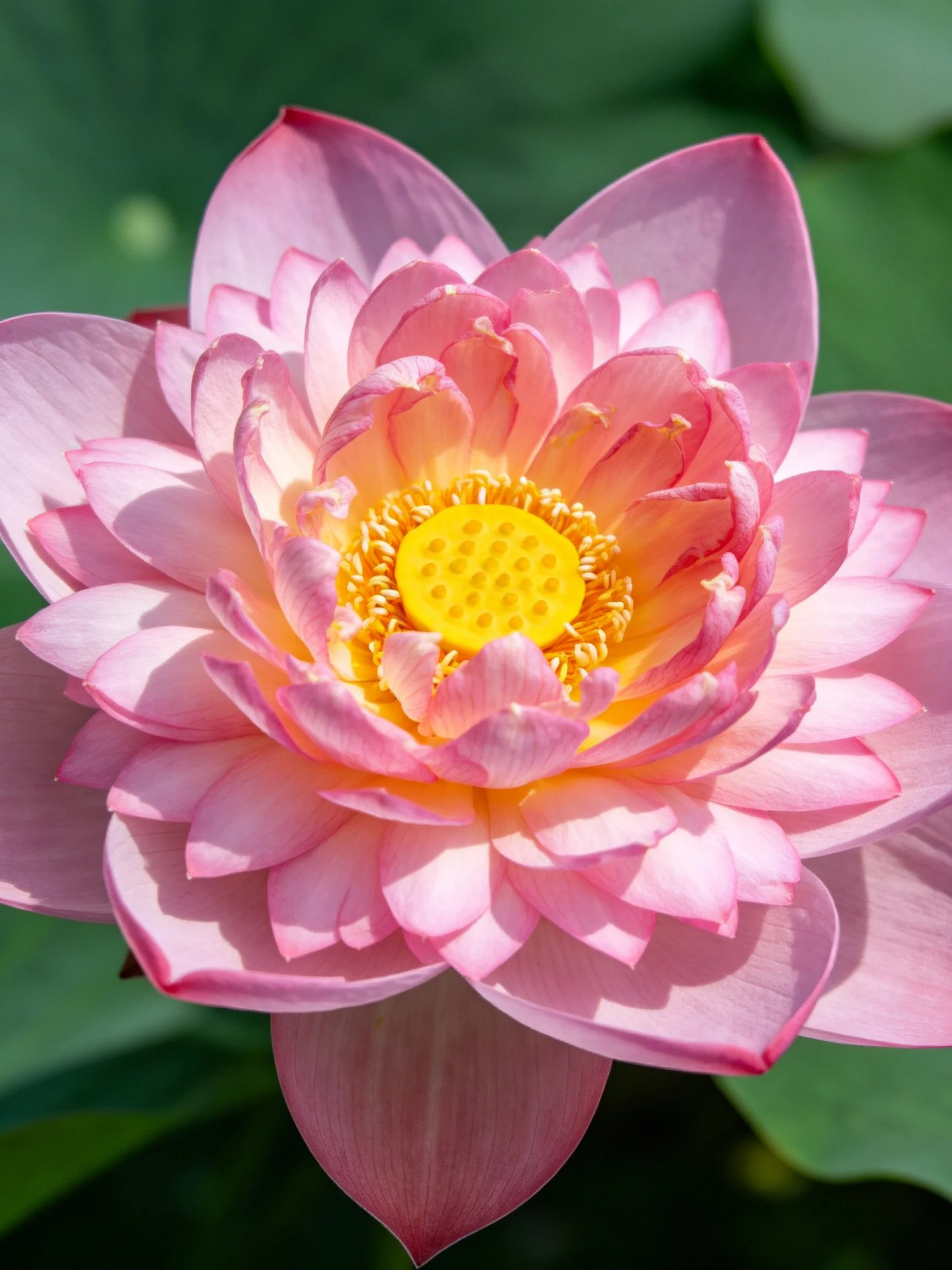 A vibrant pink lotus flower with layered petals and bright yellow center