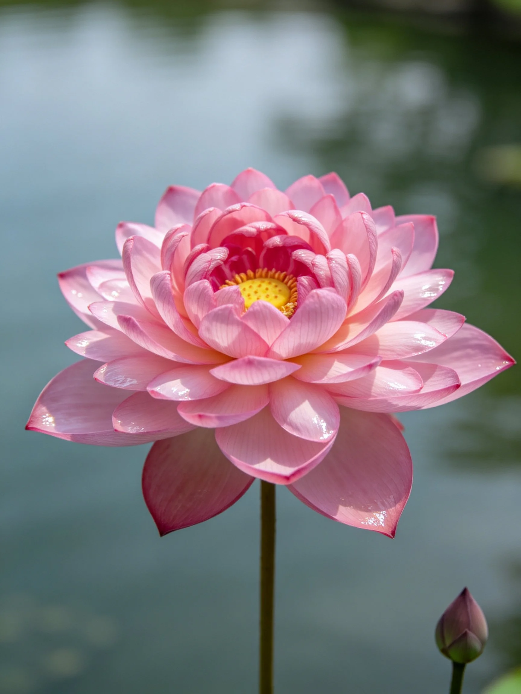 A vibrant pink lotus flower with layered petals and dewdrops