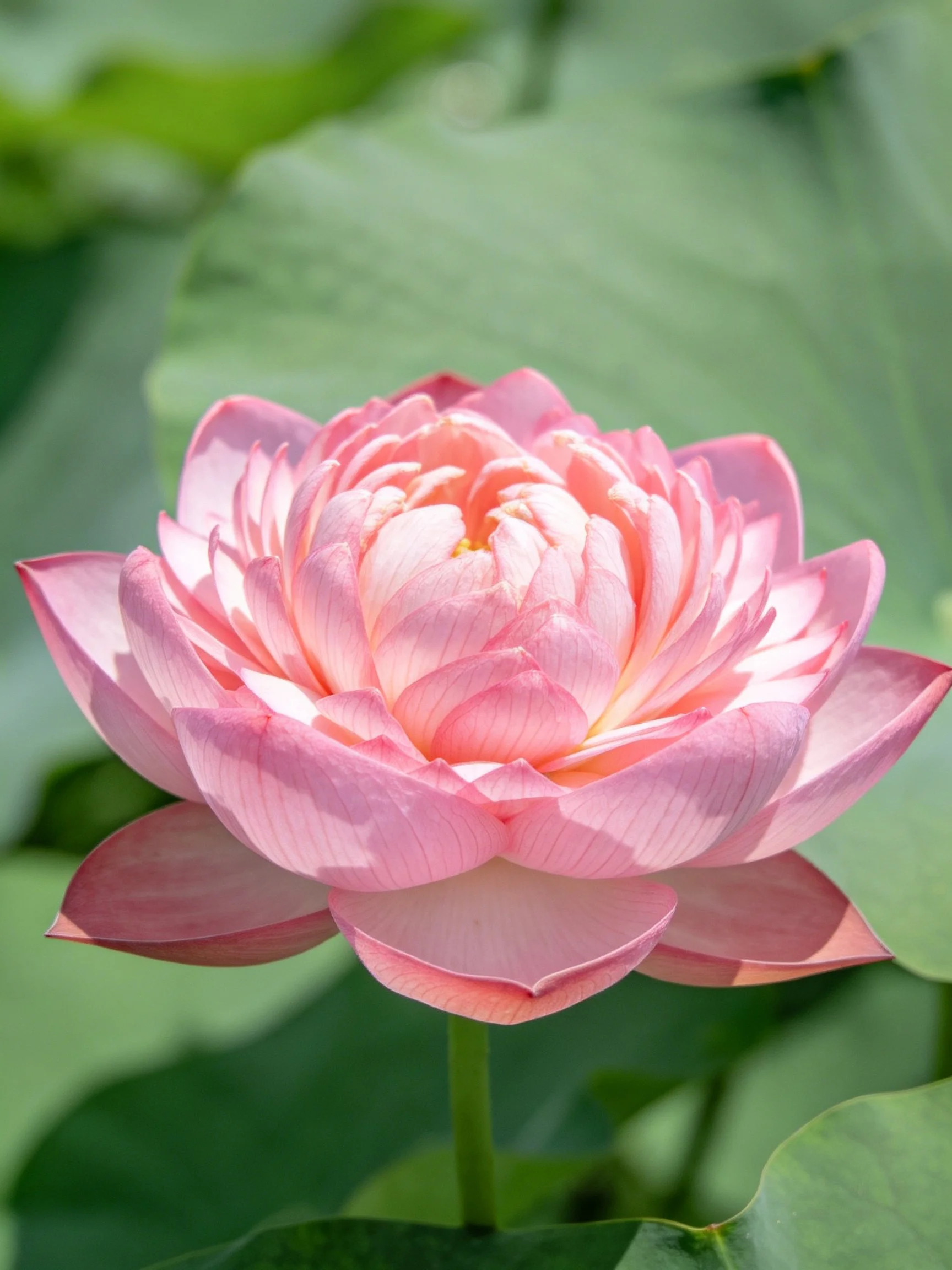 A vibrant pink lotus flower with layered petals and green leaves