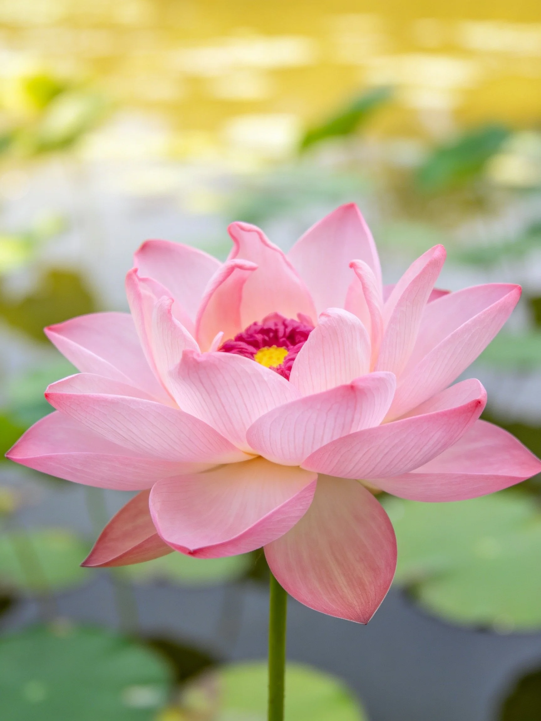 A vibrant pink lotus flower with layered petals in a natural setting