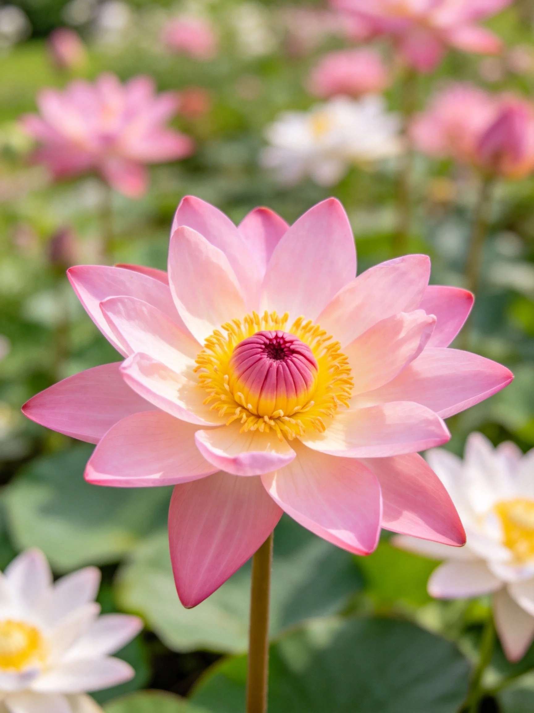 A vibrant pink lotus flower with yellow center amid blooming companions