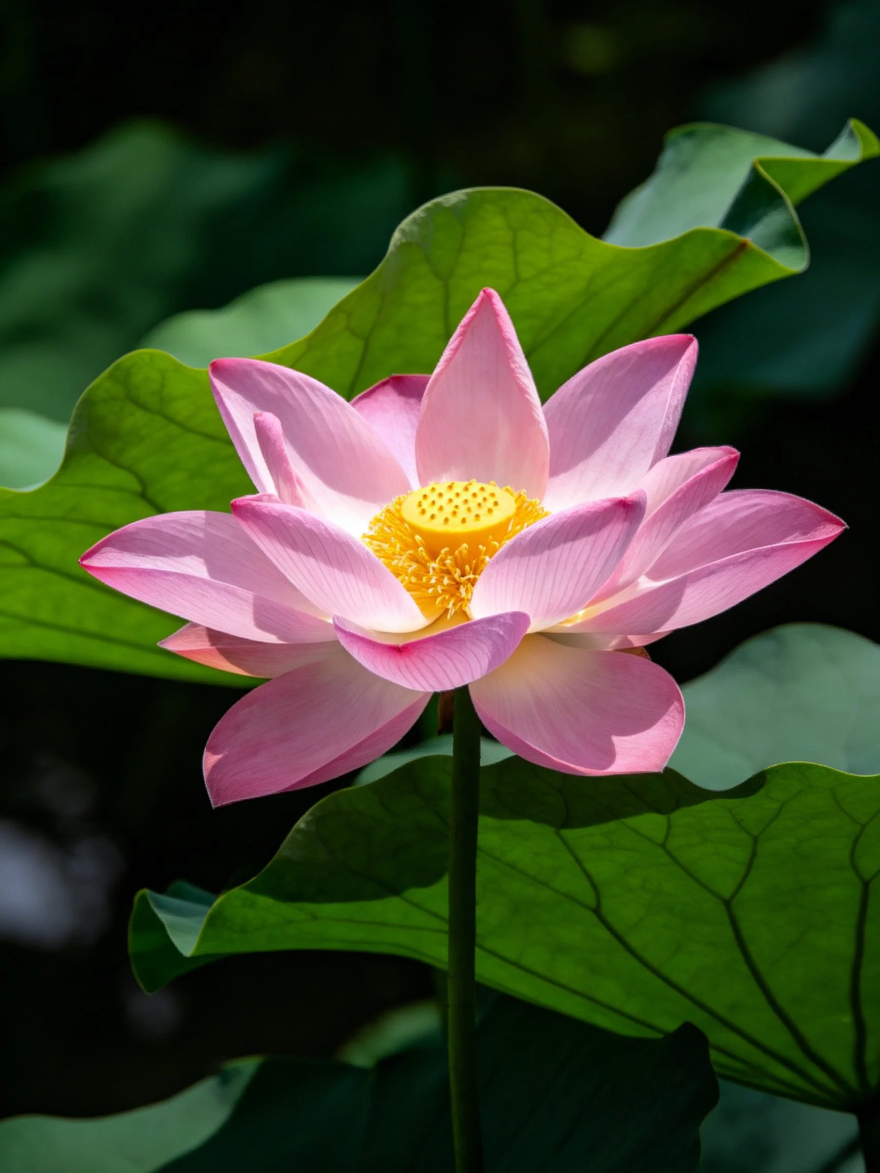 A vibrant pink lotus flower with yellow center amid large green leaves
