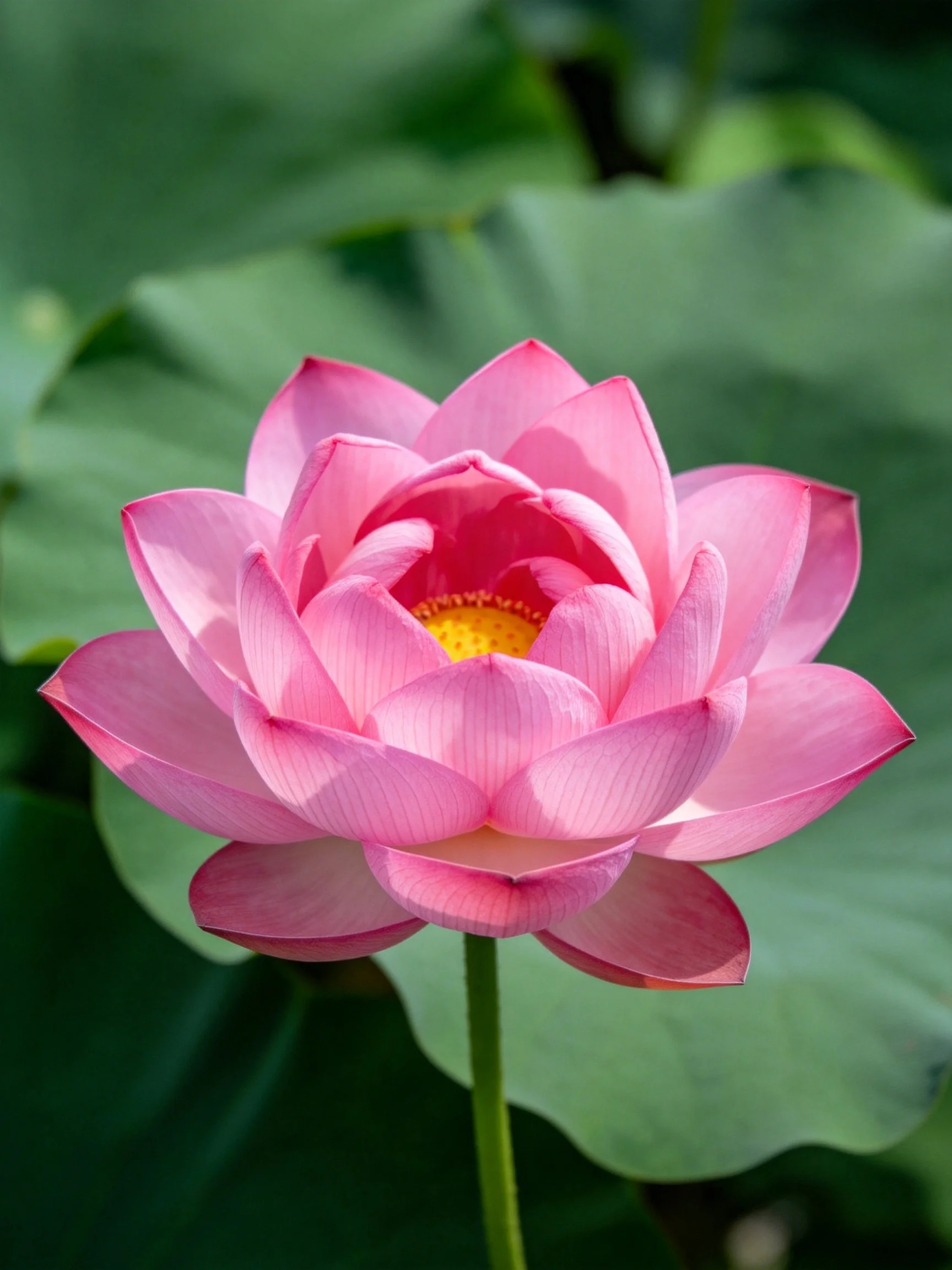 A vibrant pink lotus flower with yellow center amid large green leaves