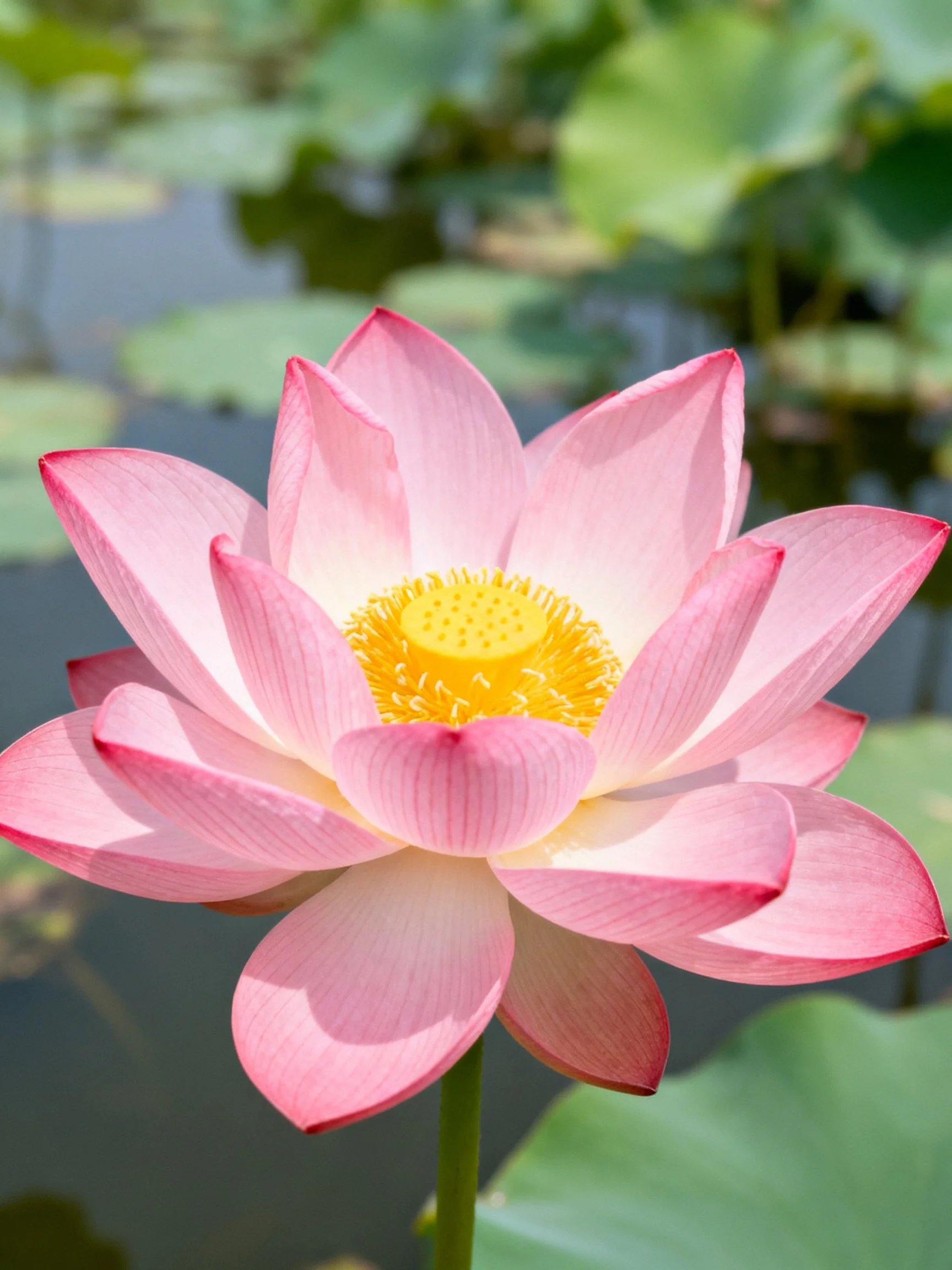 A vibrant pink lotus flower with yellow center and green foliage