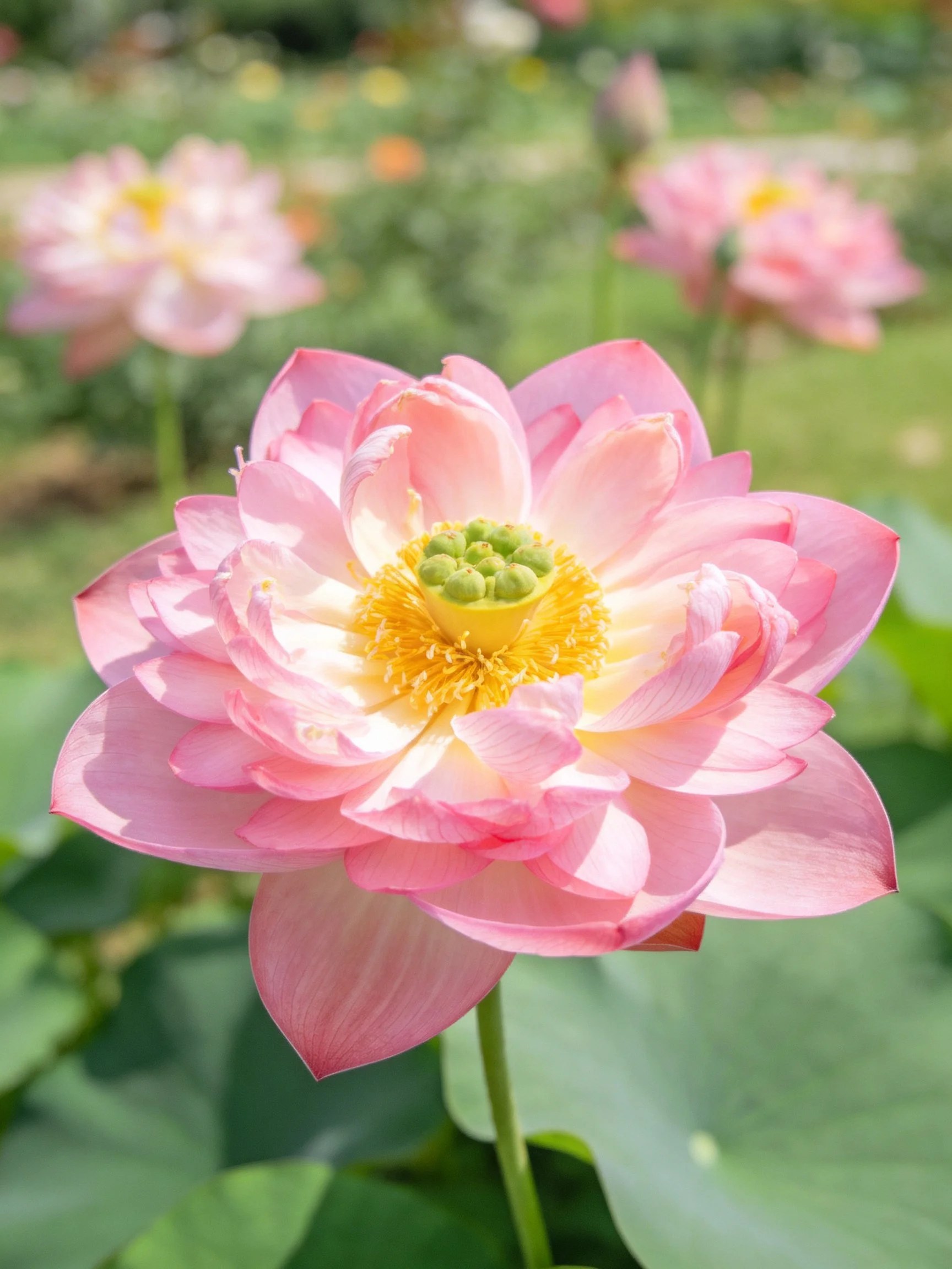 A vibrant pink lotus flower with yellow center and green foliage