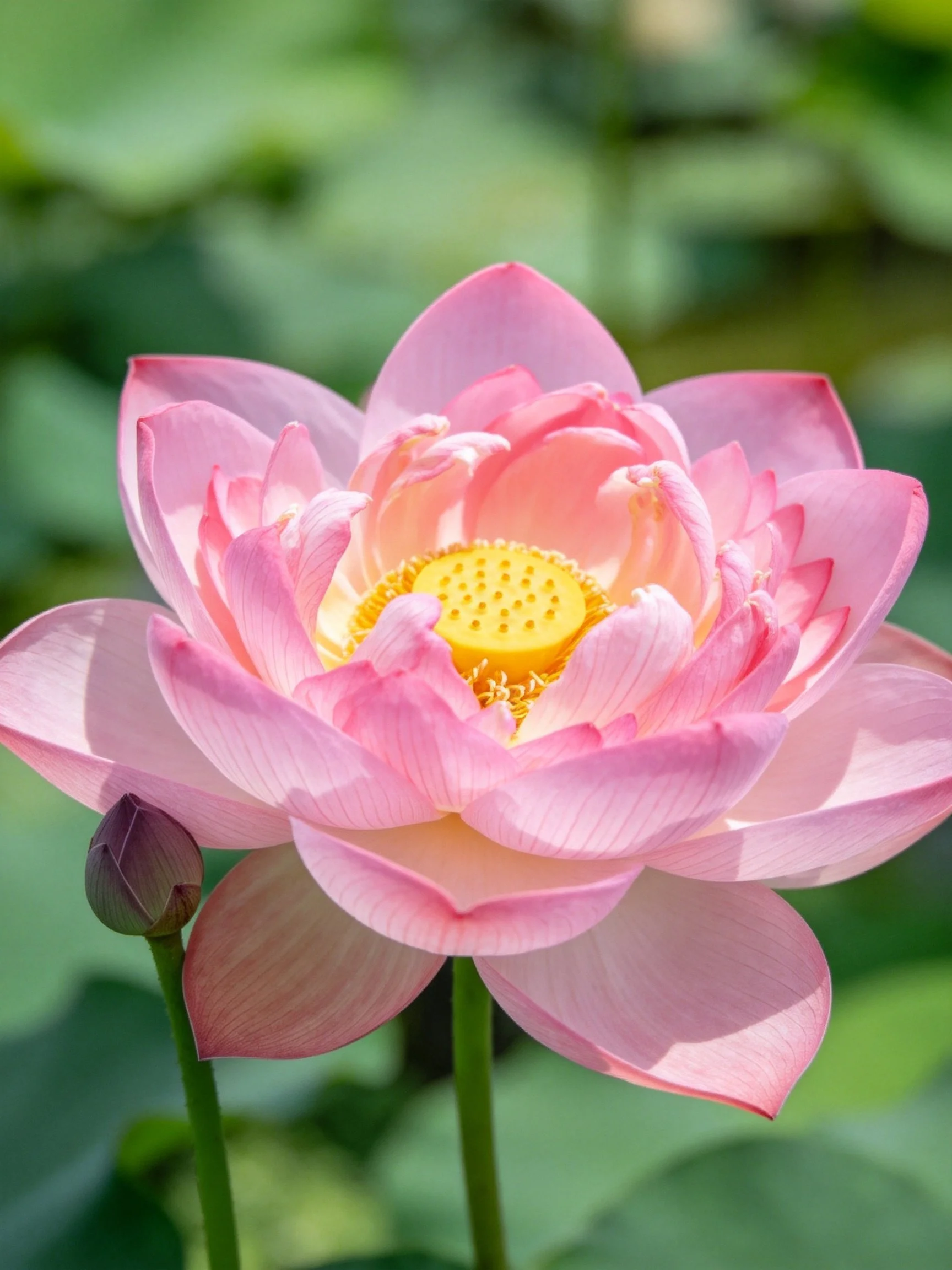 A vibrant pink lotus flower with yellow center and unopened bud