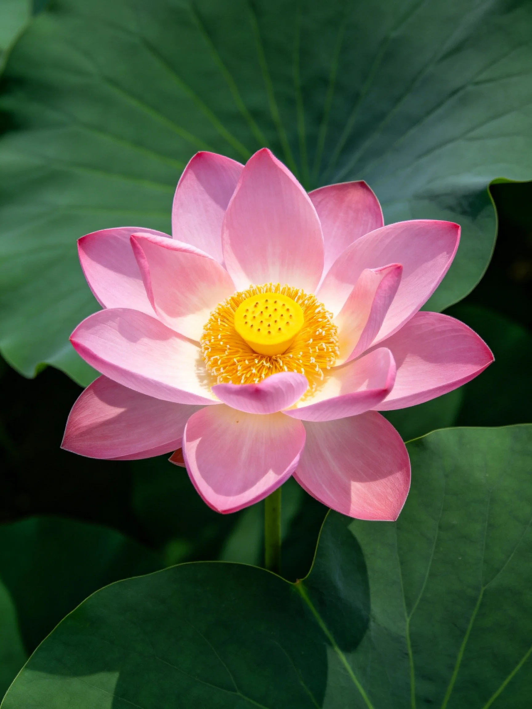 A vibrant pink lotus flower with yellow center surrounded by large green leaves