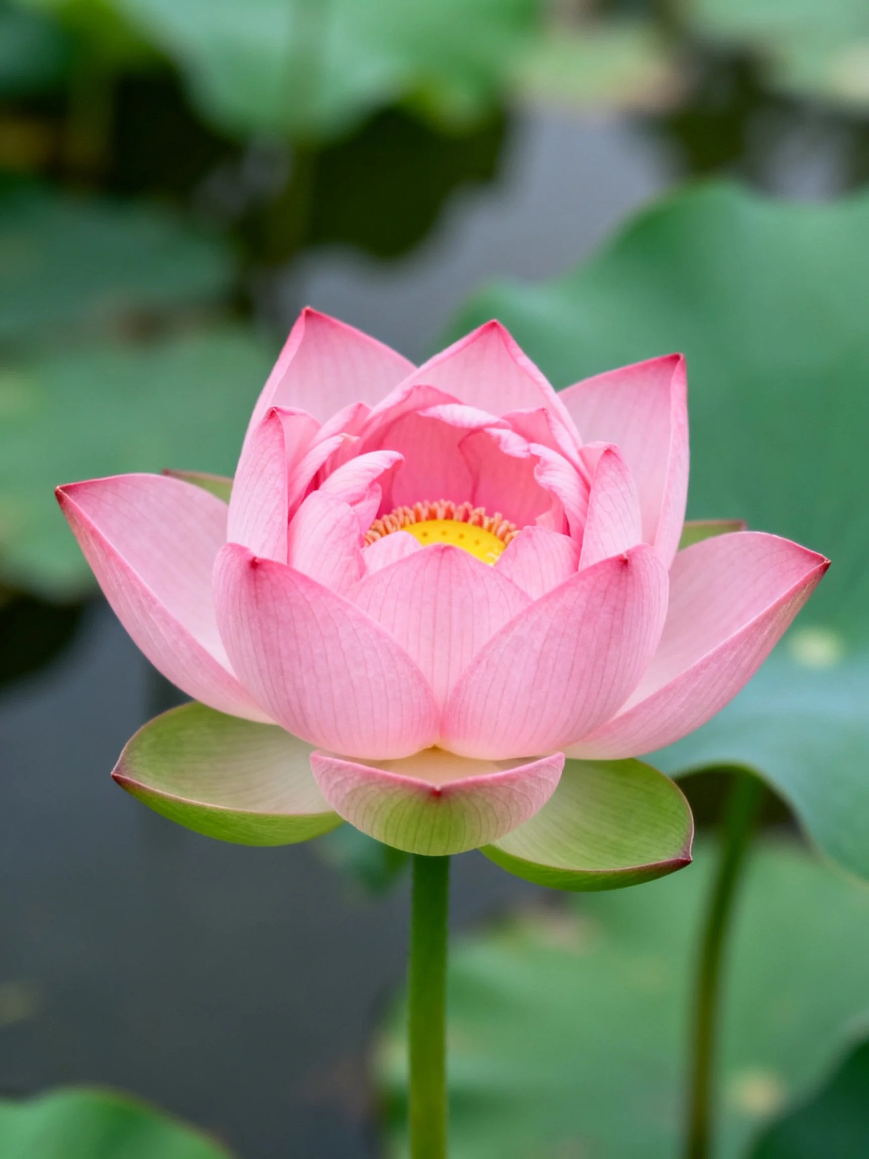 A vibrant pink lotus in full bloom near green lily pads