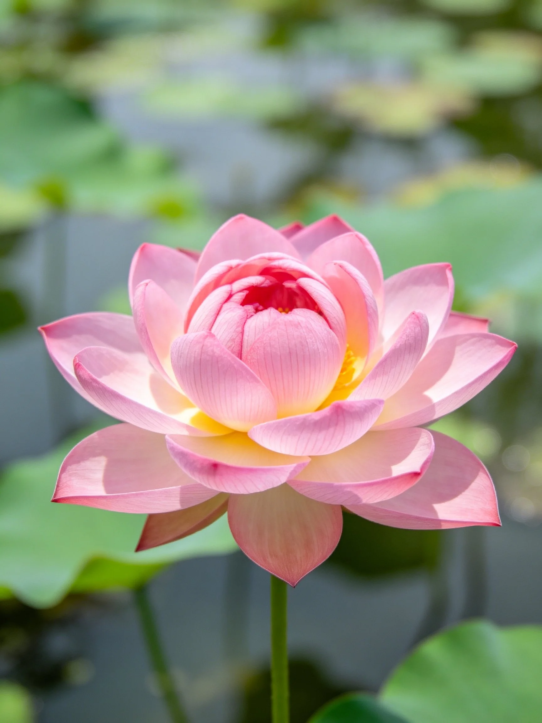 A vibrant pink lotus in full bloom with green lily pads nearby