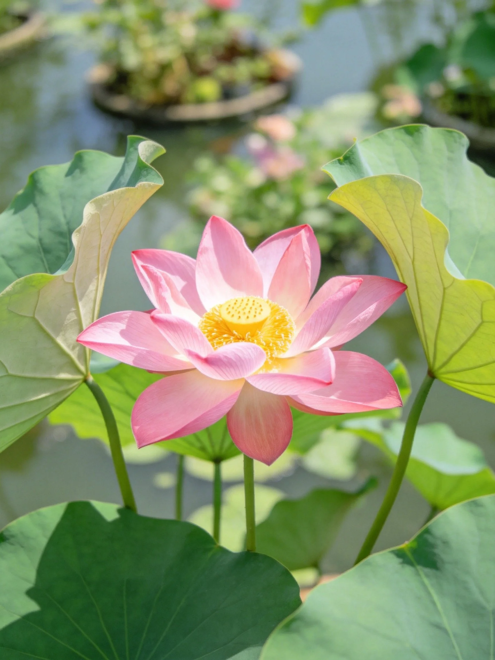 A vibrant pink lotus surrounded by large green leaves