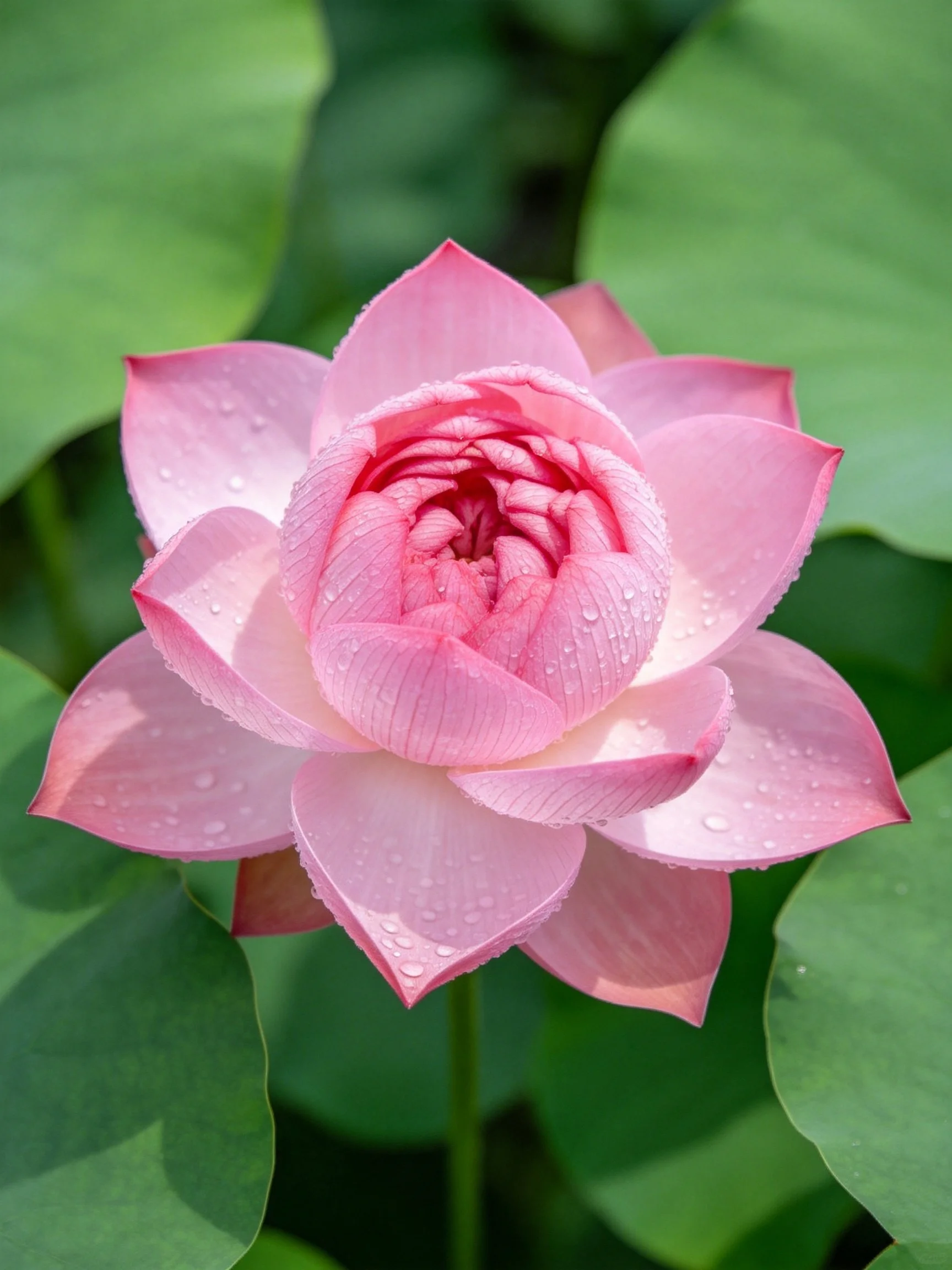 A vibrant pink lotus with dew drops amid large green leaves