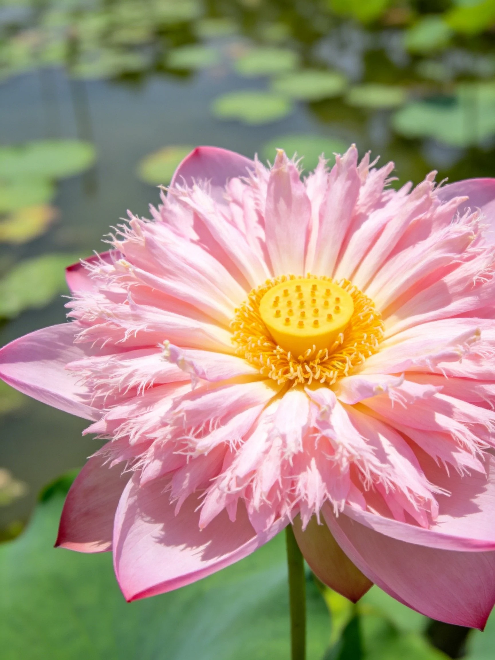 A vibrant pink lotus with fringed petals near water lily pads