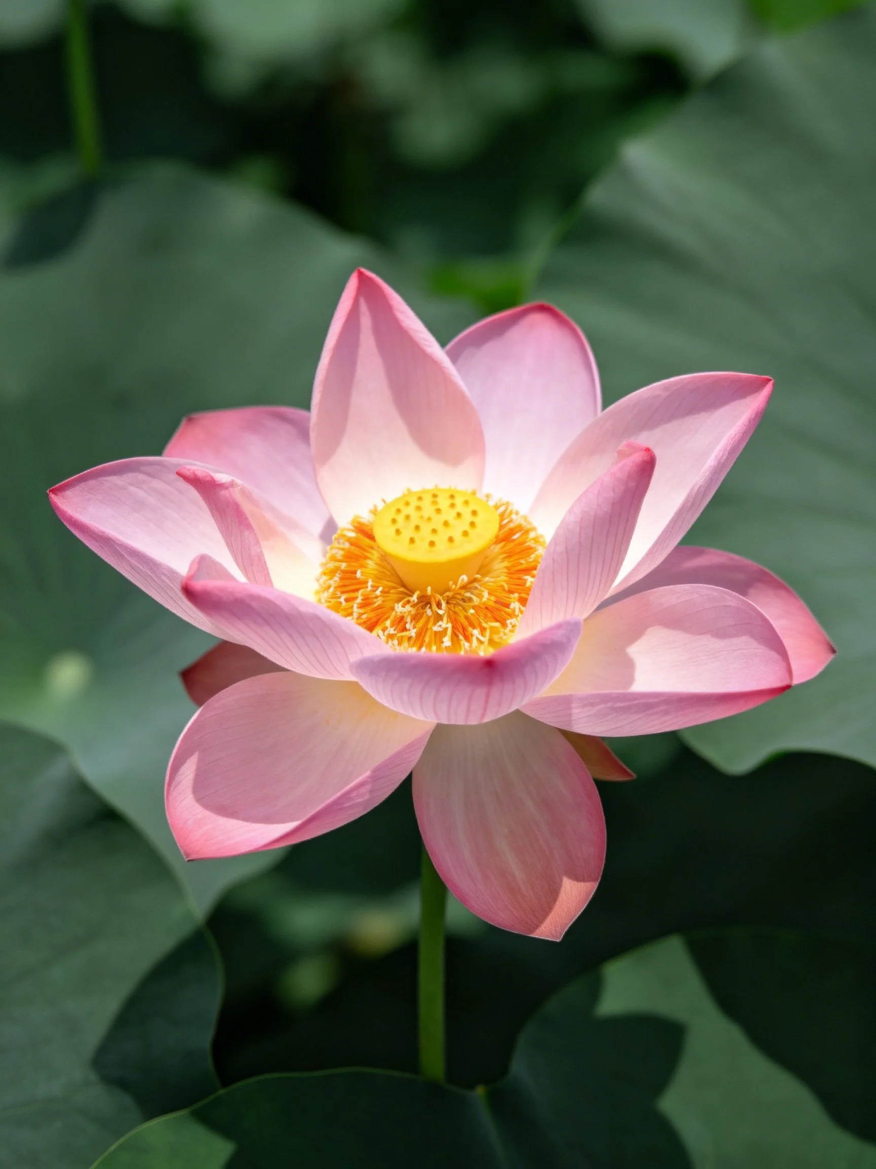 A vibrant pink lotus with golden center among broad green leaves