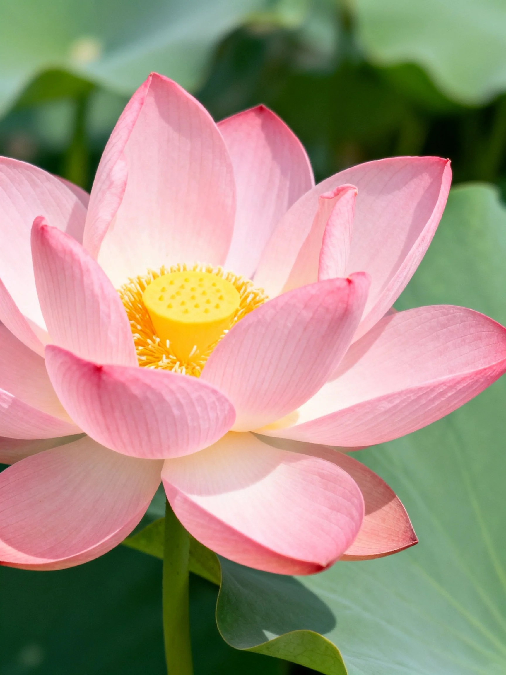 A vibrant pink lotus with golden center and green foliage