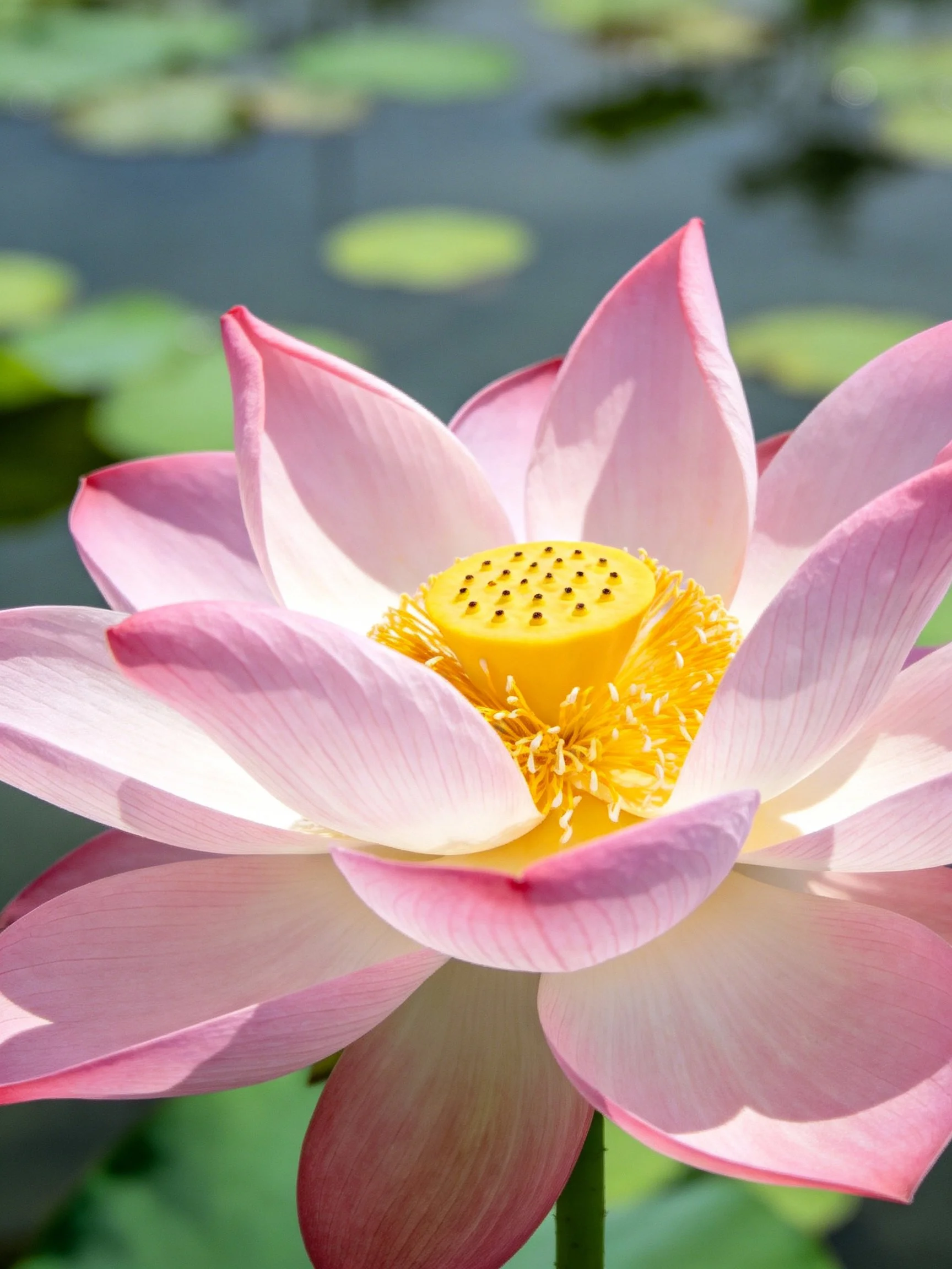 A vibrant pink lotus with golden center blooming near water lilies