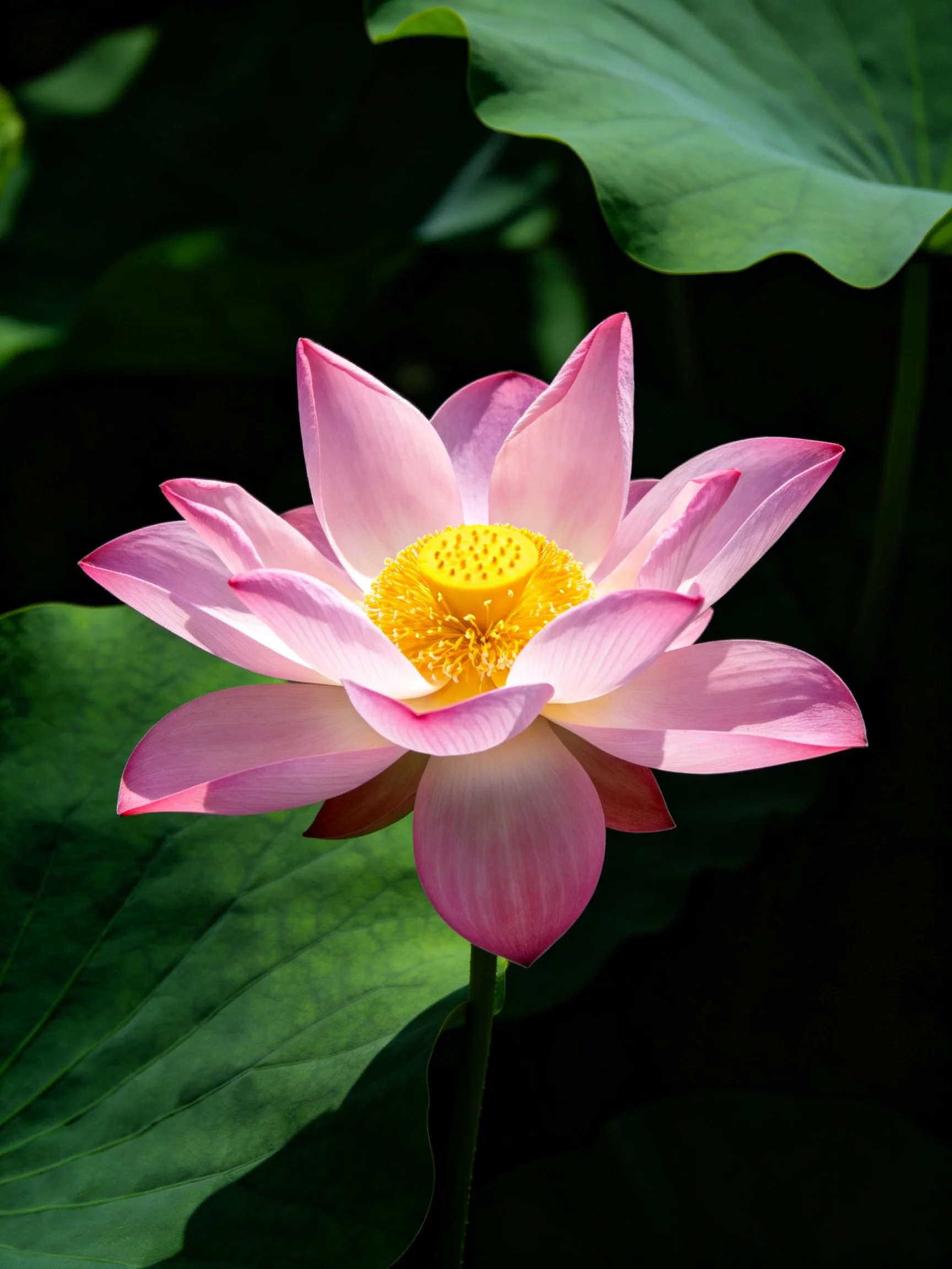 A vibrant pink lotus with golden center surrounded by large green leaves