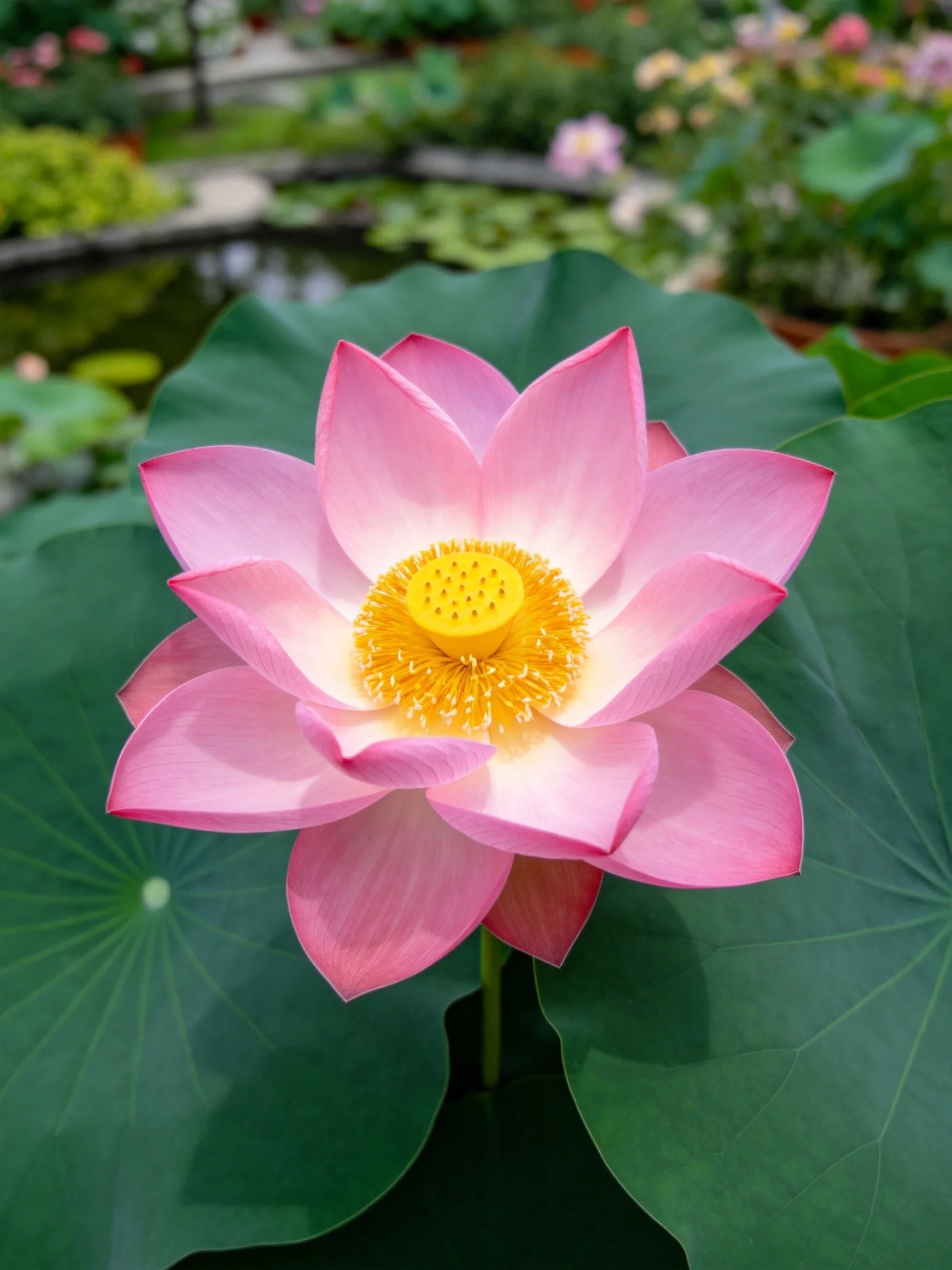 A vibrant pink lotus with large green leaves