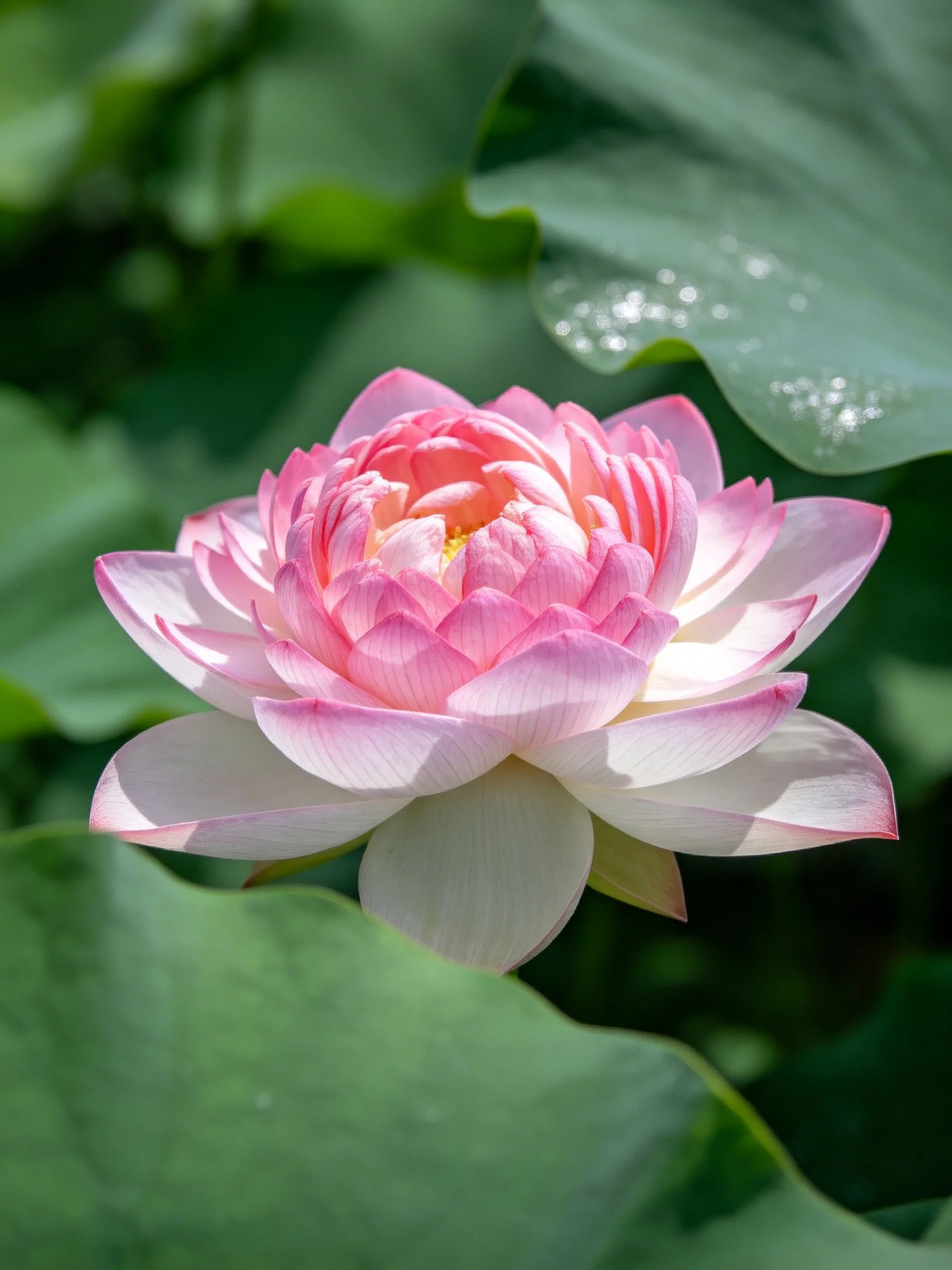 A vibrant pink lotus with layered petals among broad green leaves