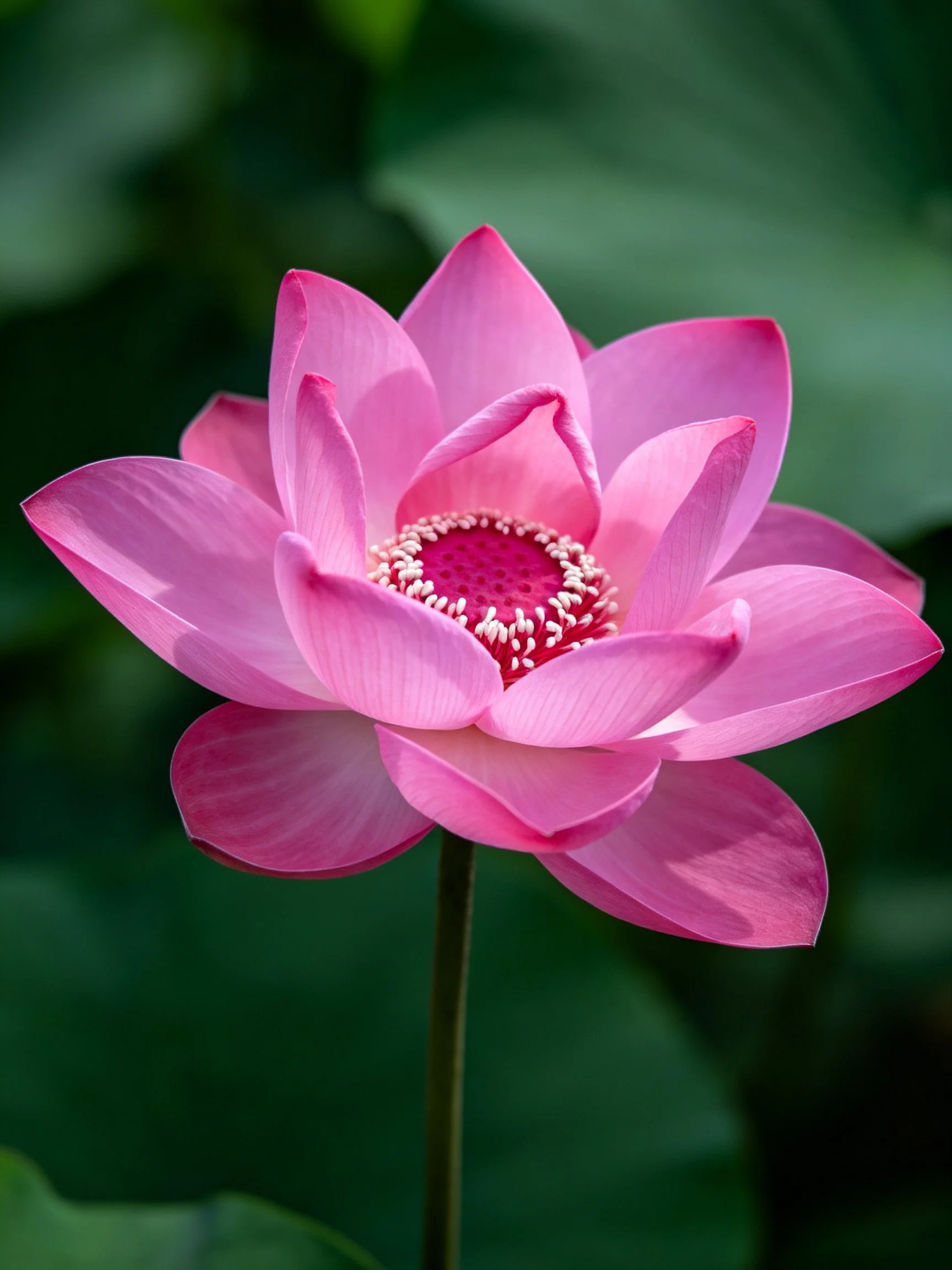 A vibrant pink lotus with layered petals and dark green foliage