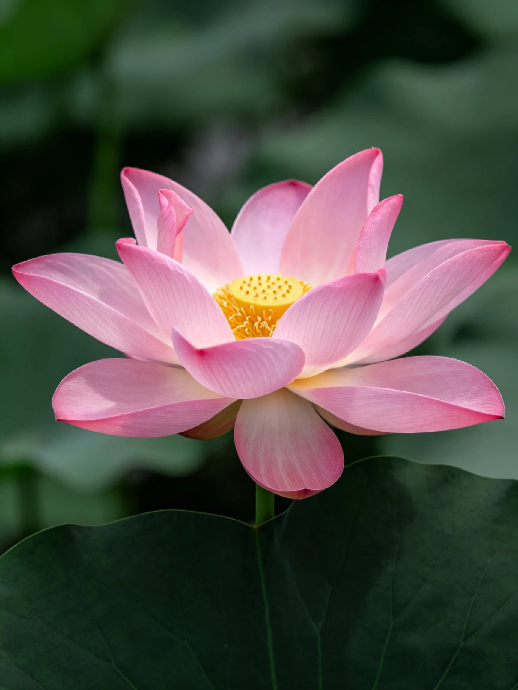A vibrant pink lotus with layered petals and golden center