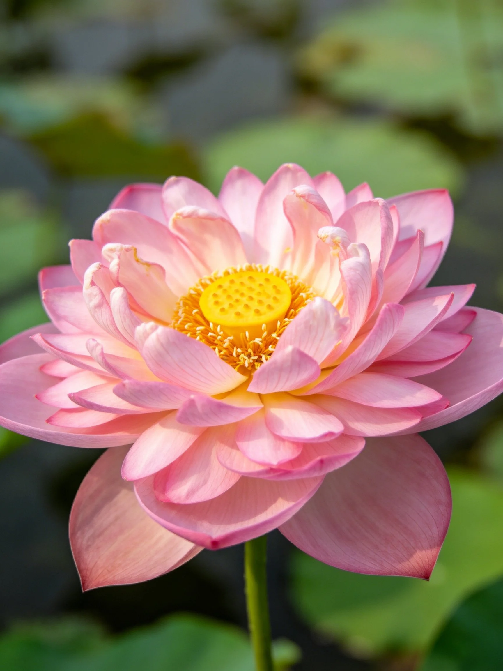 A vibrant pink lotus with layered petals and golden center