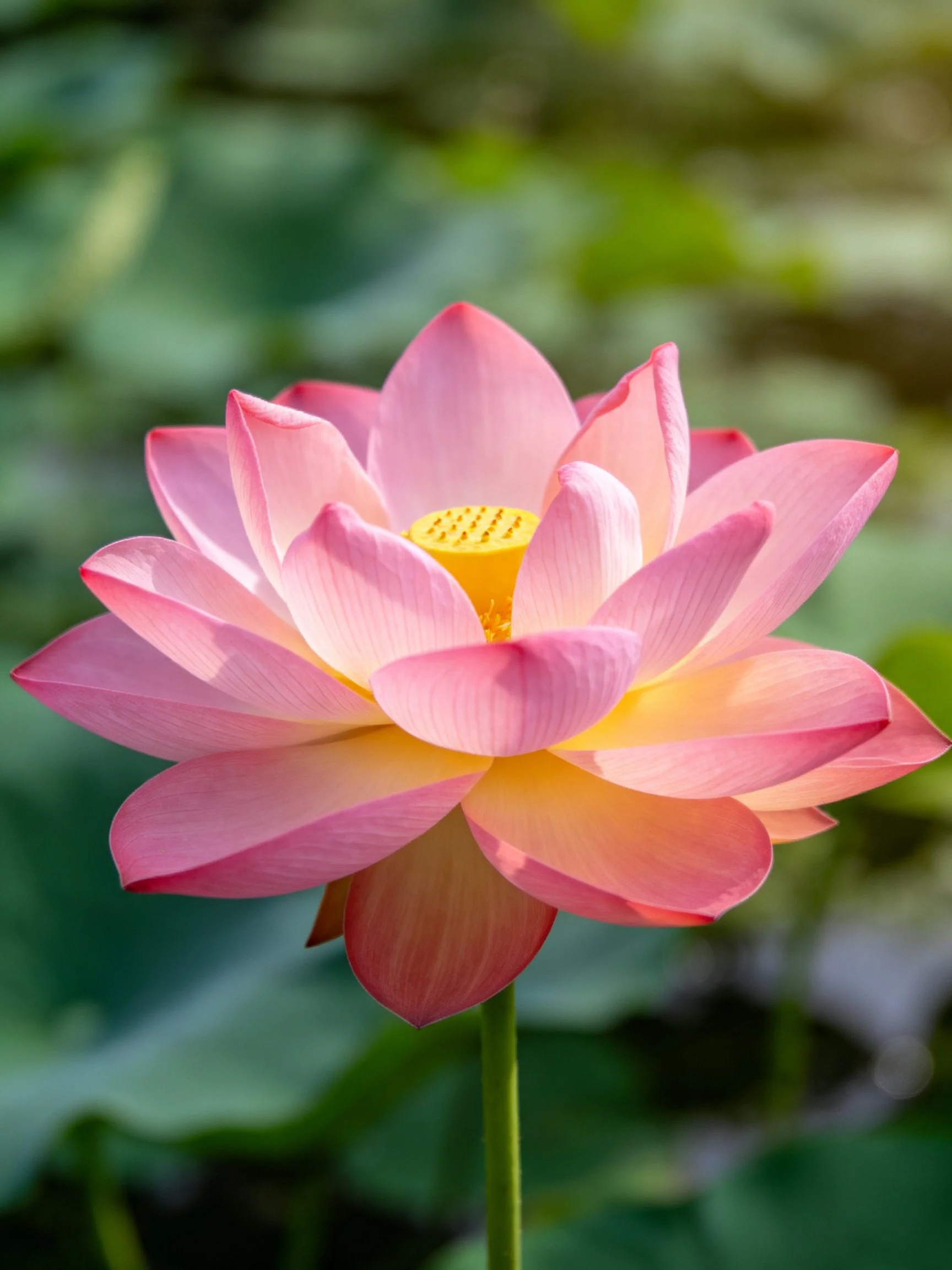 A vibrant pink lotus with layered petals and golden center