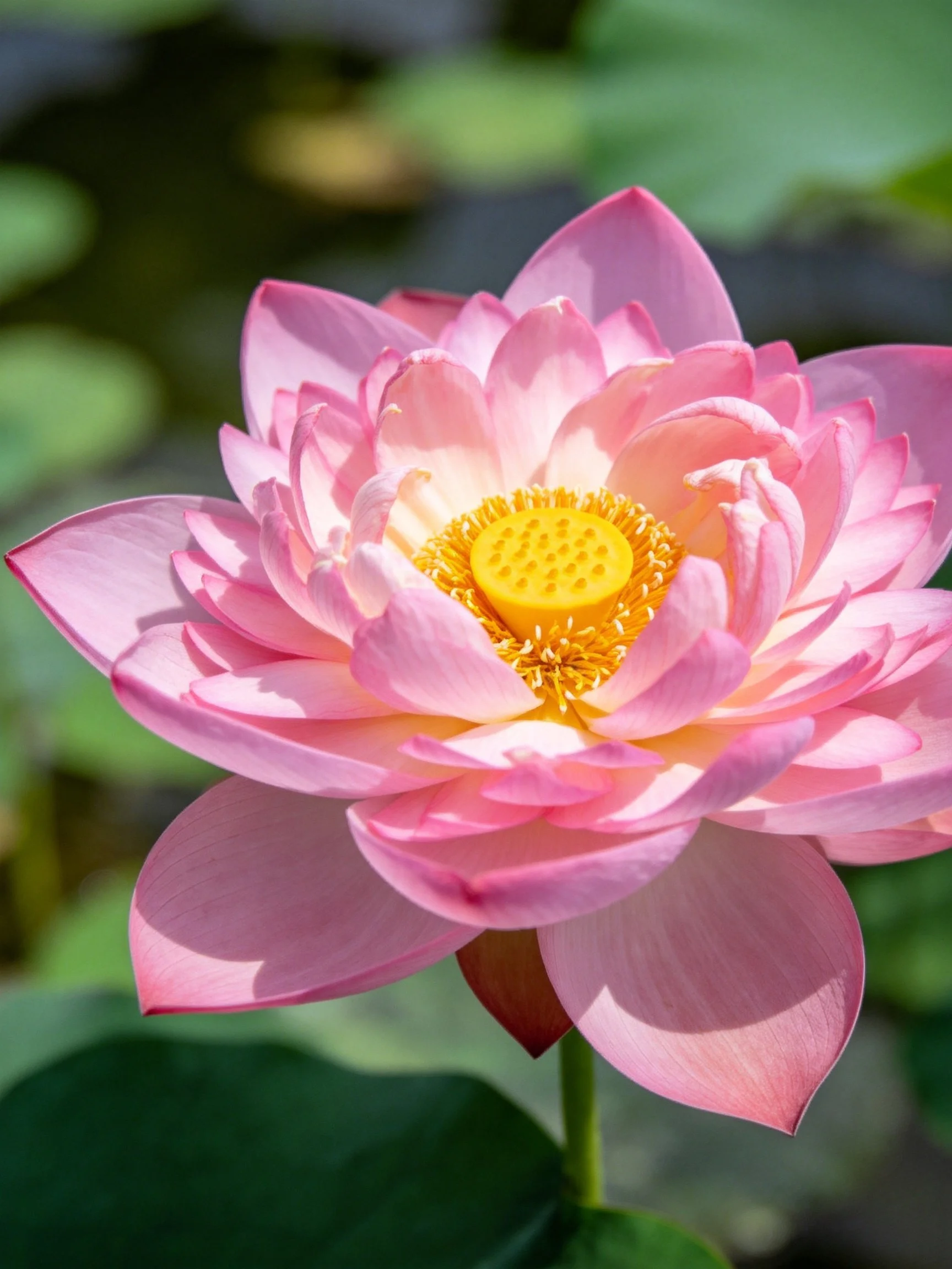 A vibrant pink lotus with layered petals and golden center