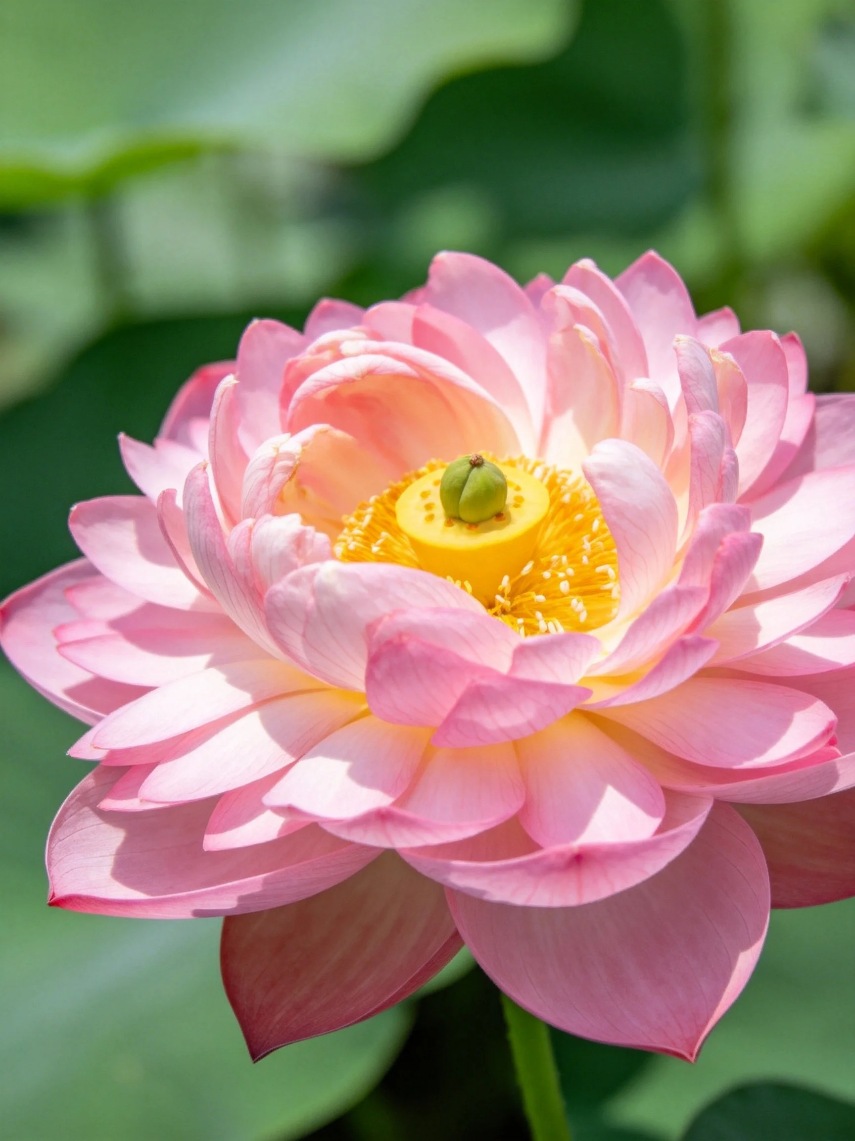 A vibrant pink lotus with layered petals and golden center