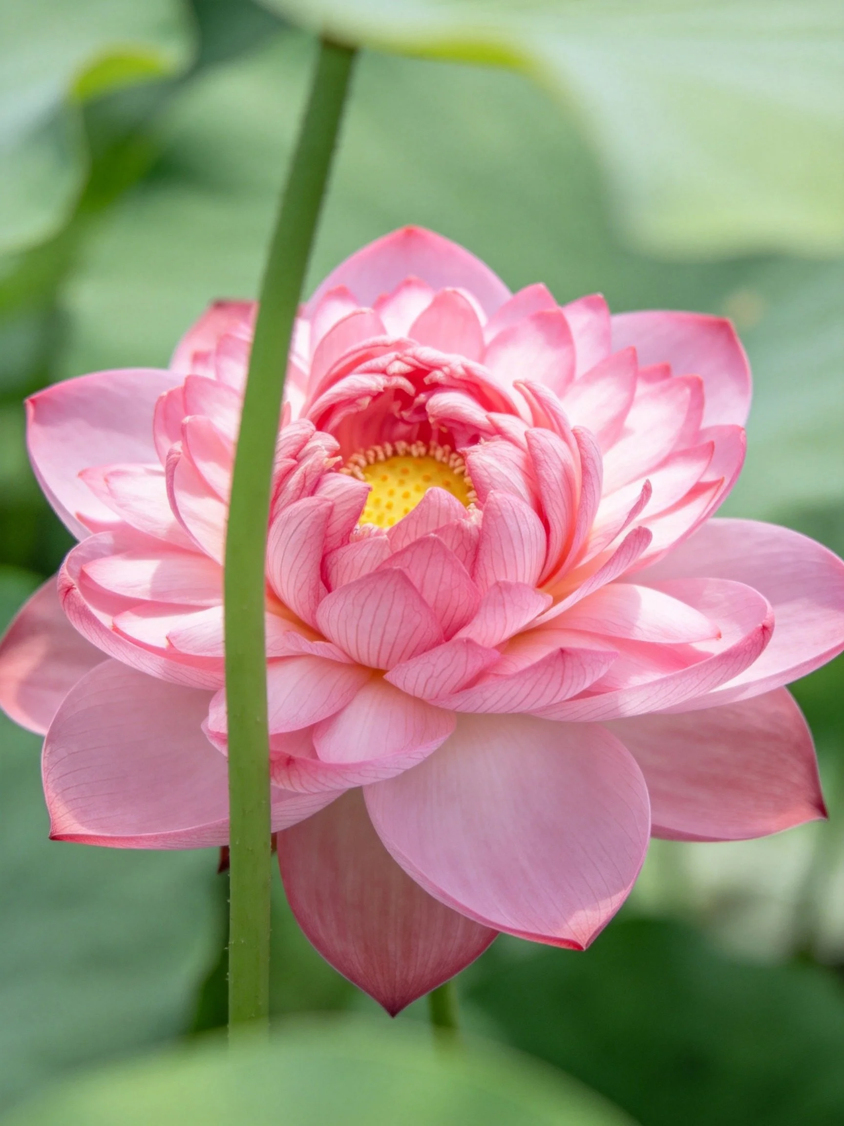 A vibrant pink lotus with layered petals and yellow center
