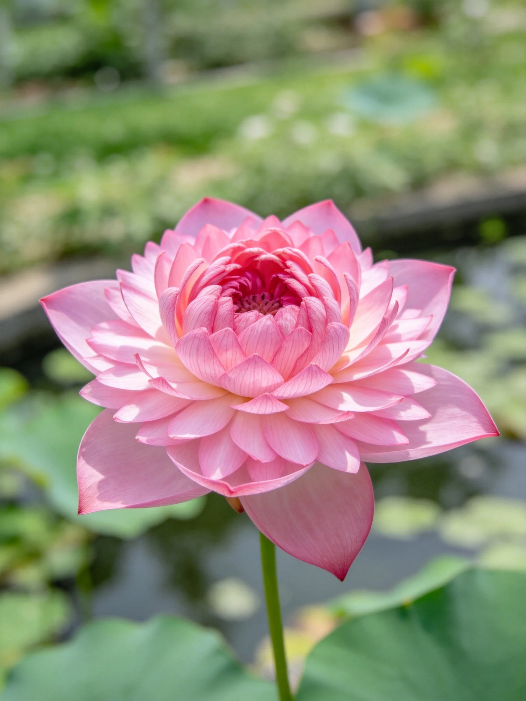 A vibrant pink lotus with layered petals near water lily pond
