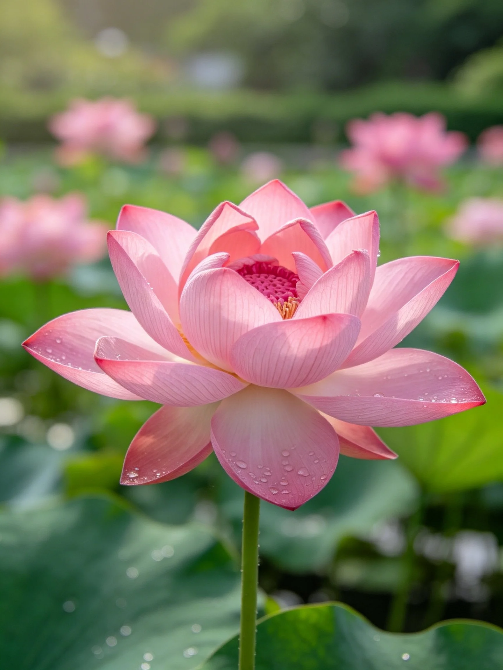 A vibrant pink lotus with water droplets among green foliage