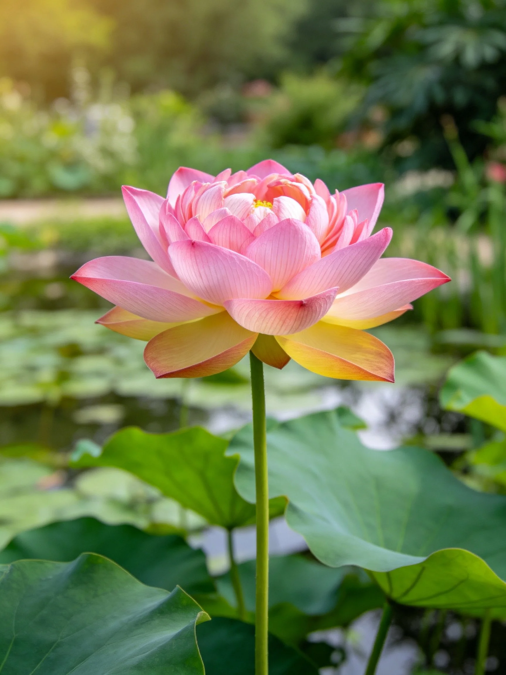 A vibrant pink lotus with yellow accents among green lily pads