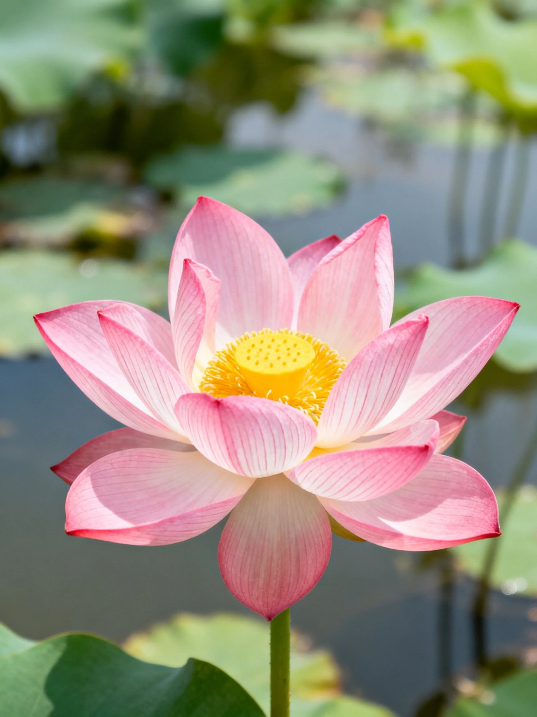 A vibrant pink lotus with yellow center amid green water lily pads